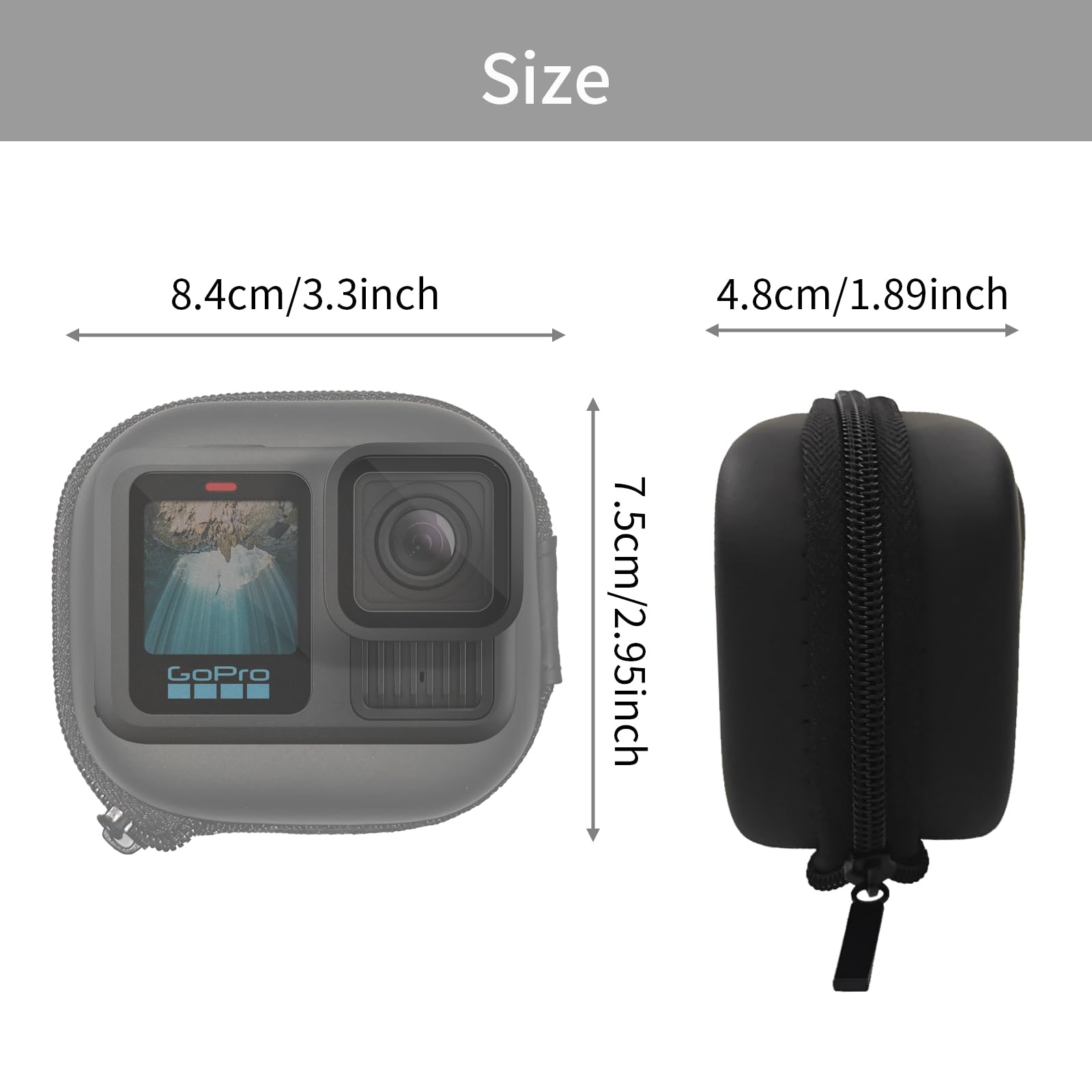 Schwarzes GoPro-Kameragehäuse mit Maßen und eine GoPro Hero11 Kamera darin.