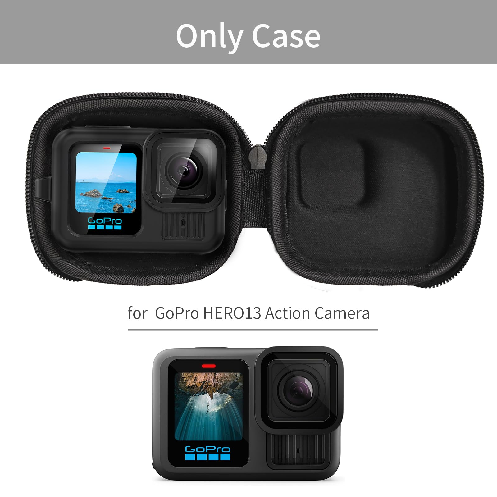 Schwarzes GoPro-Kameragehäuse mit einer GoPro Hero13 Action-Kamera darin.