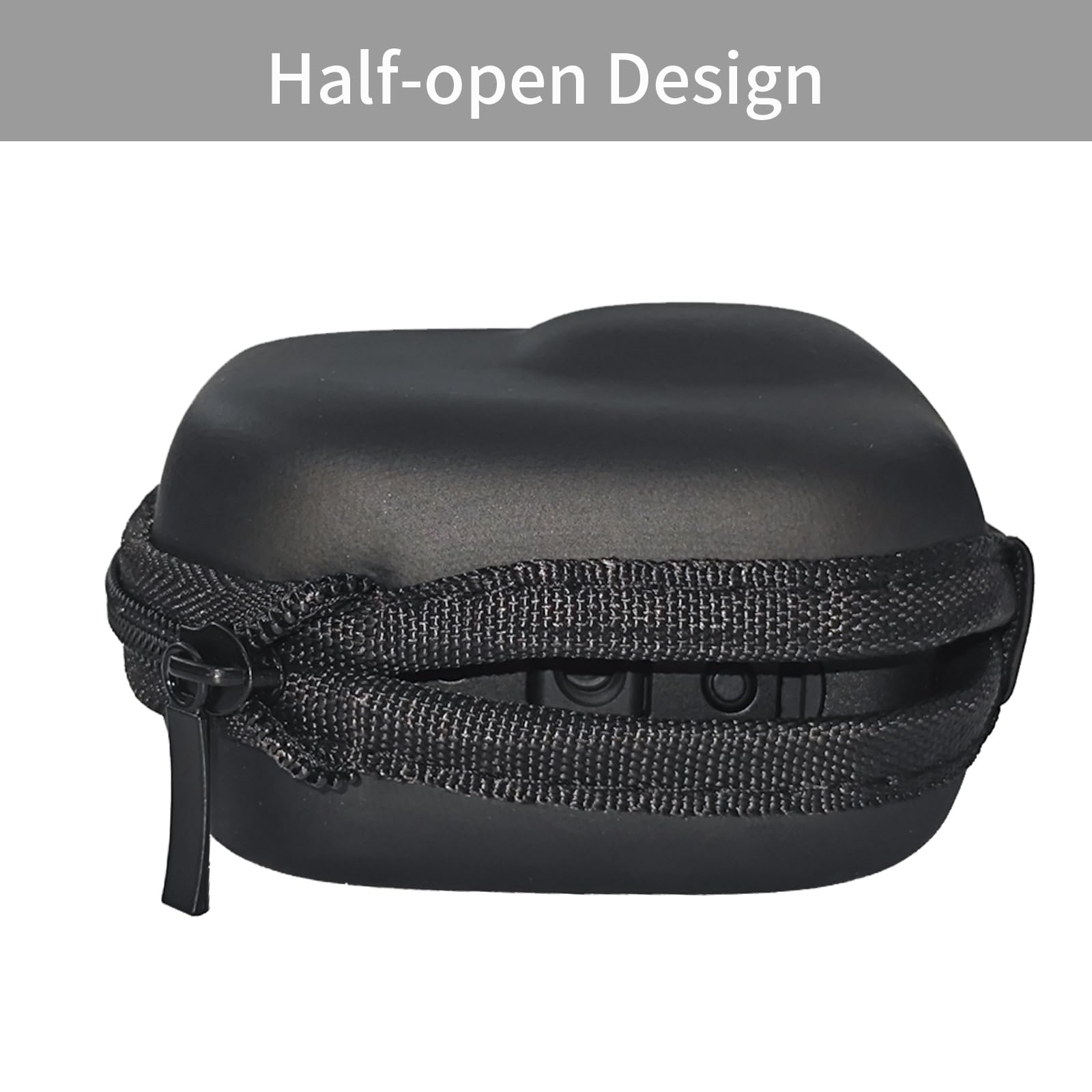 Schwarzes GoPro-Kameragehäuse, halb geöffnet, mit Reißverschluss und Text 'Half-open Design'.