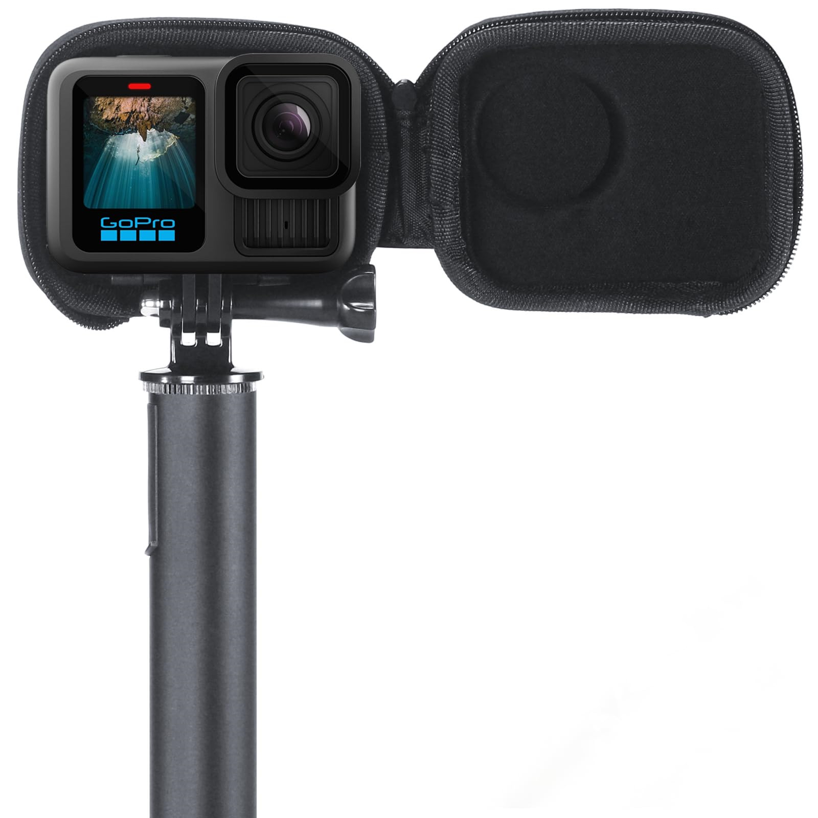 Eine schwarze GoPro-Kamera befindet sich in einem Gehäuse, das auf einem schwarzen Stab montiert ist.