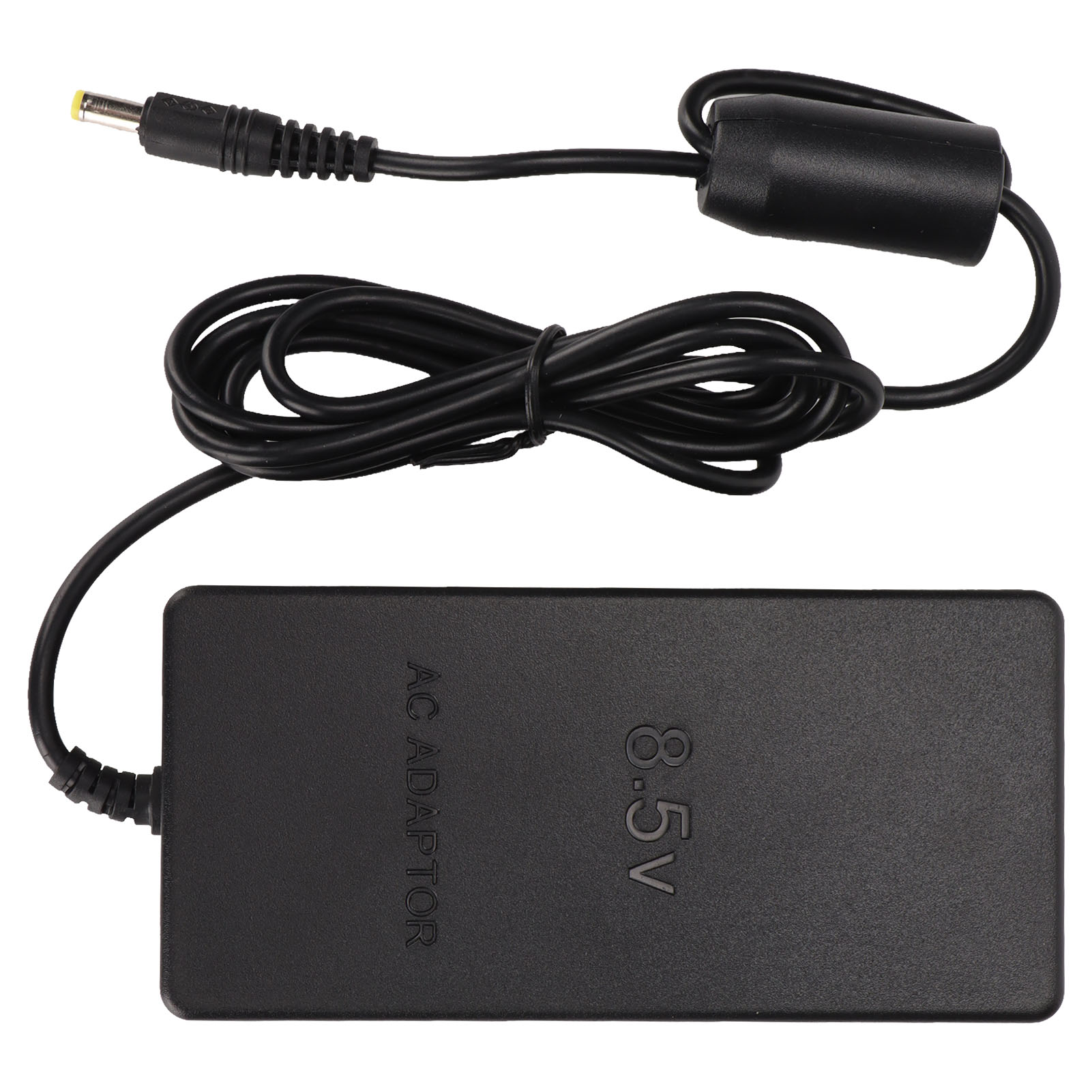 Schwarzes AC-Netzteil mit 8,5 V. Es hat ein schwarzes Kabel und einen kleinen Stecker mit gelber Spitze.