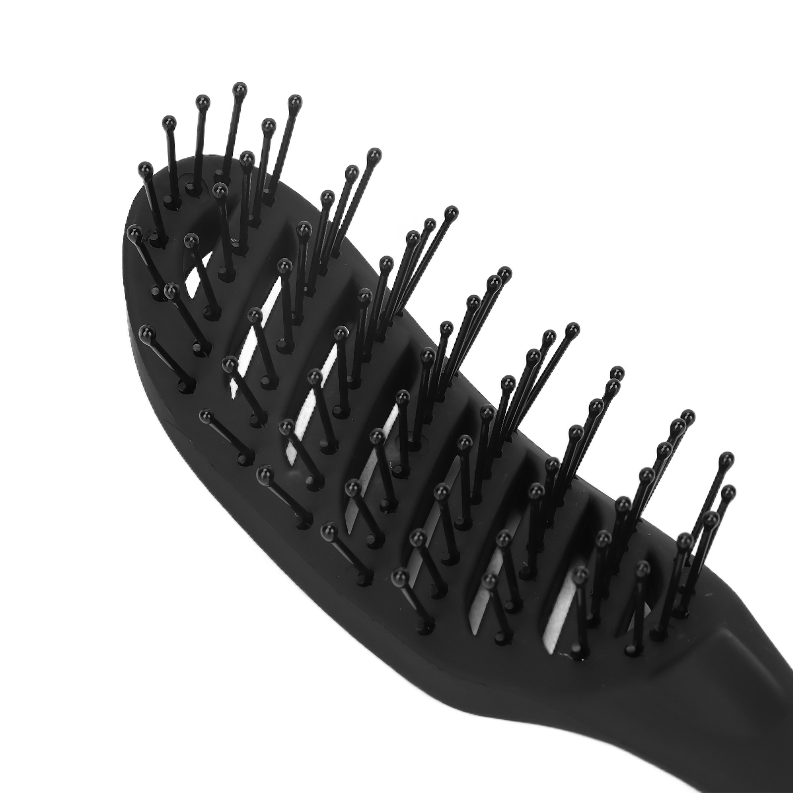 Schwarze Haarbürste. Die Bürste hat viele kleine schwarze Borsten und der Griff ist ebenfalls schwarz.