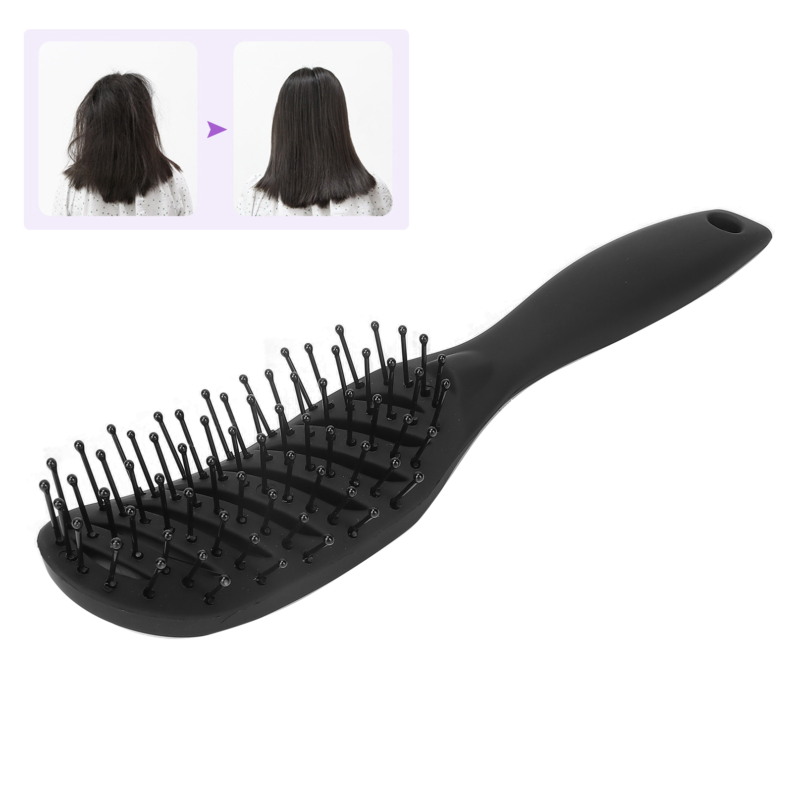 Eine schwarze Haarbürste und ein Vorher-/Nachher-Bild der Haare. Die Bürste hat einen breiten Kopf und einen Griff.