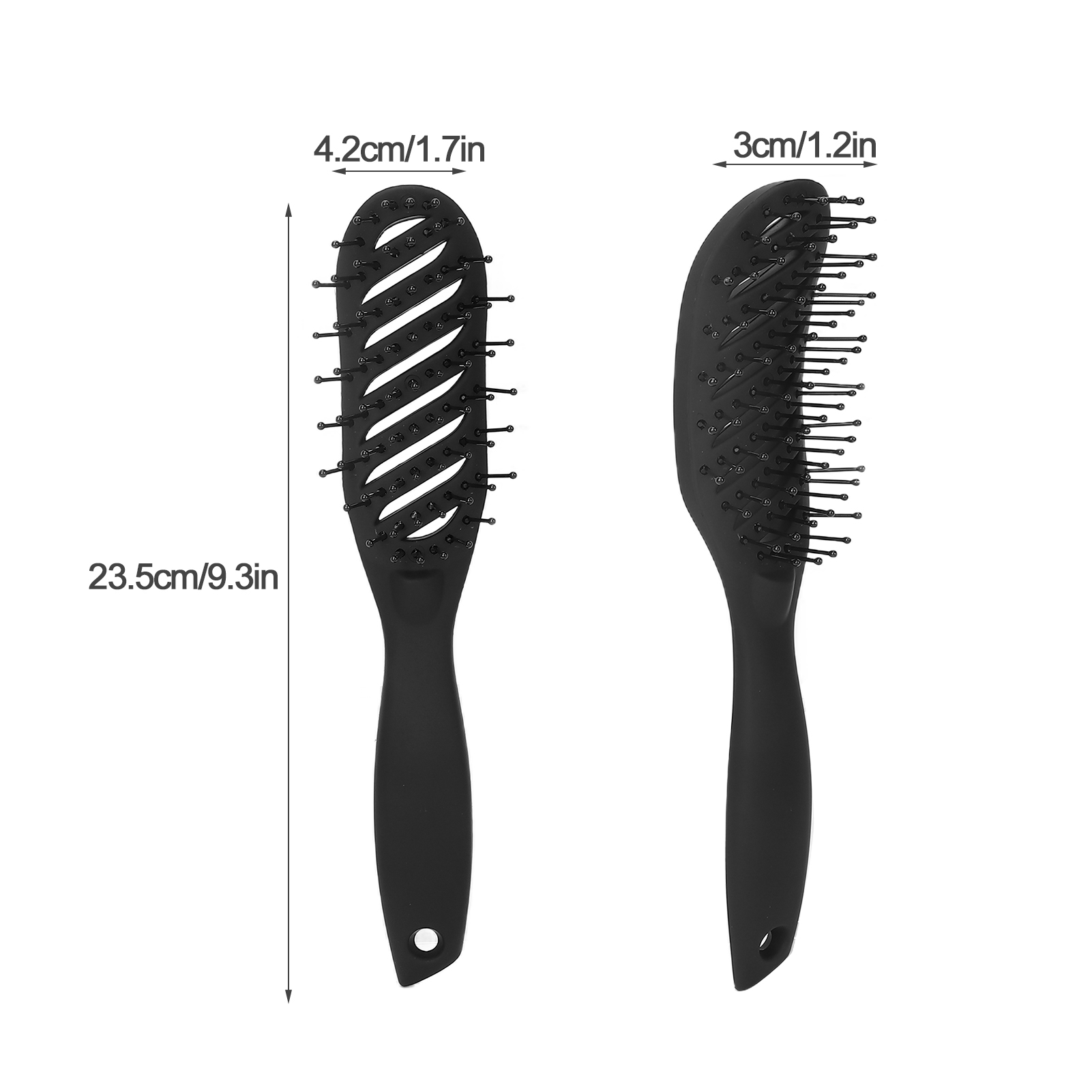 Zwei Ansichten einer schwarzen Haarbürste, die Borsten und den Griff zeigen. Abmessungen sind ebenfalls angegeben.