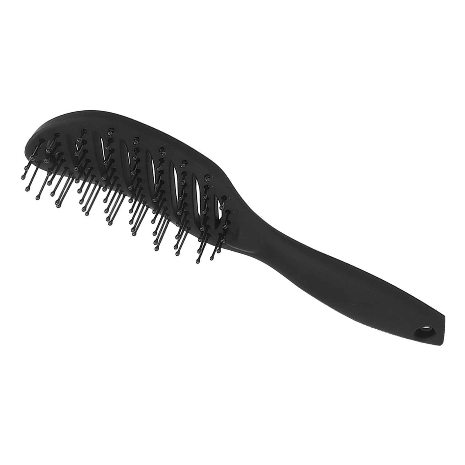 Schwarze Haarbürste, schräge Ansicht. Die Bürste hat viele kleine schwarze Borsten und der Griff ist schwarz.