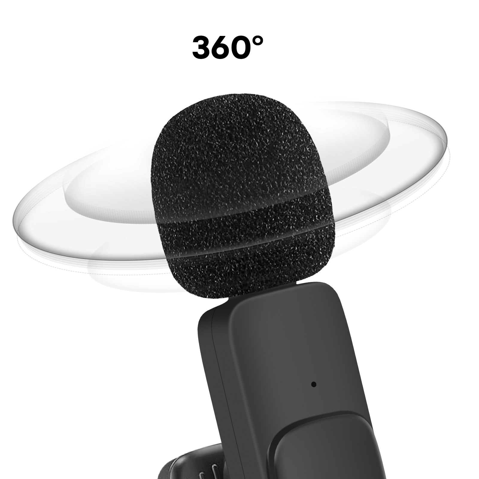 Primer plano de un micrófono negro con una cubierta de espuma negra. La imagen muestra una vista de 360 grados.