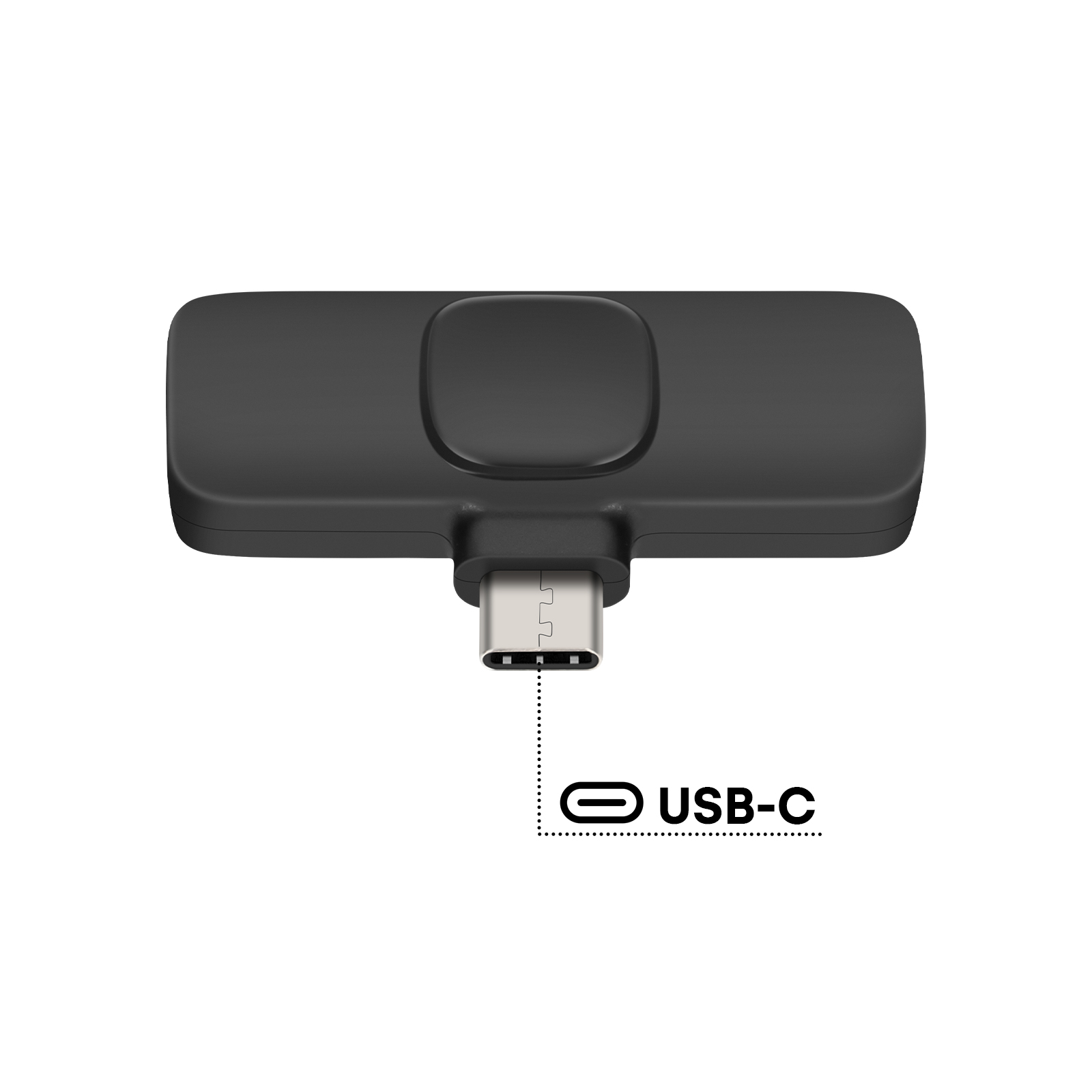Un conector USB-C negro. El texto 'USB-C' está debajo del conector.
