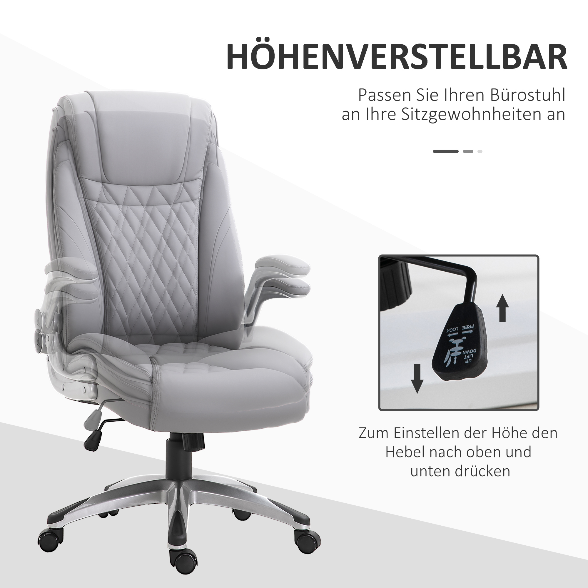 Grauer Bürostuhl mit Verstellfunktionen, illustriert mit Pfeilen und Text auf Deutsch.