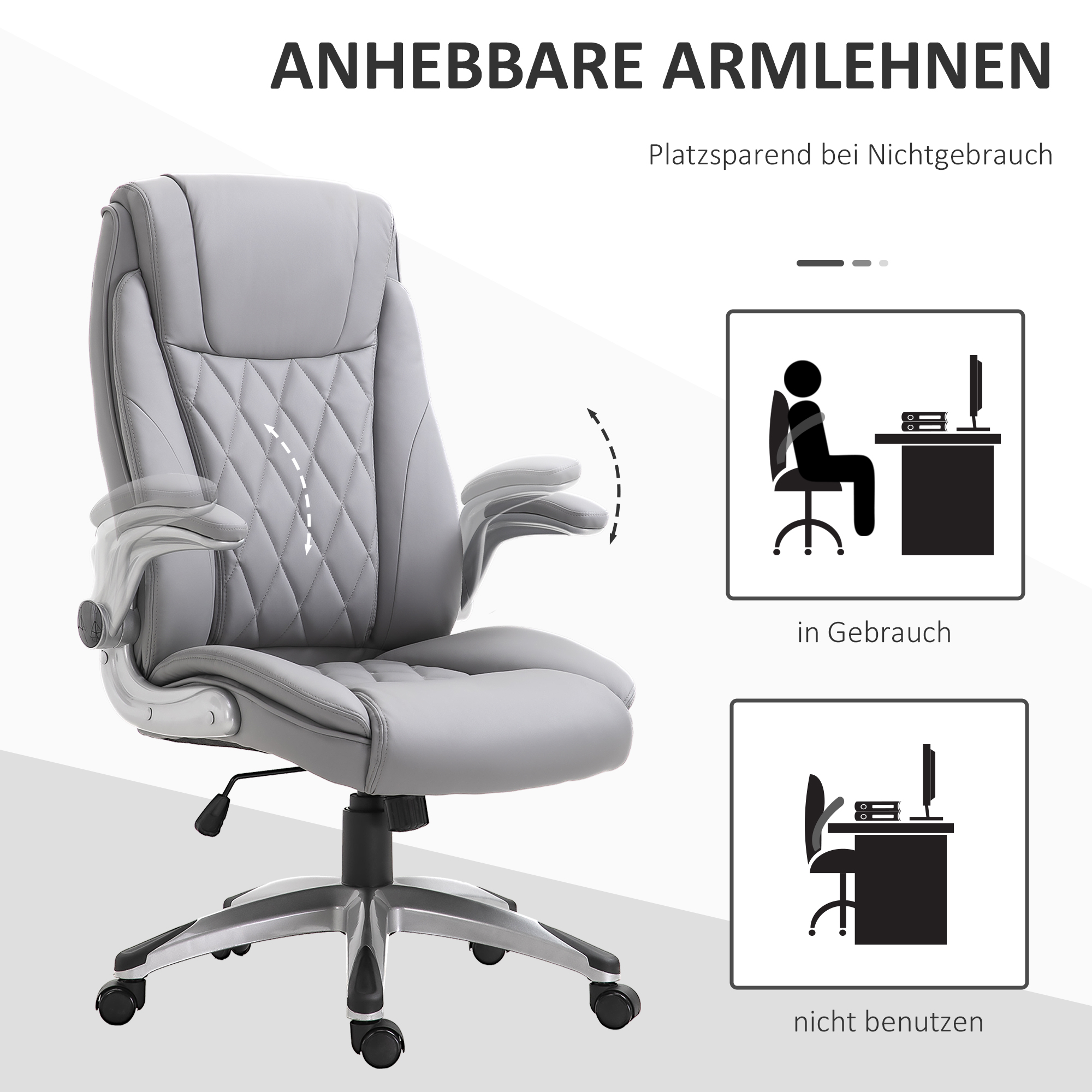 Ein grauer Bürostuhl mit verstellbaren Armlehnen. Diagramme zeigen die Armlehnen des Stuhls in Gebrauch und nicht in Gebrauch.