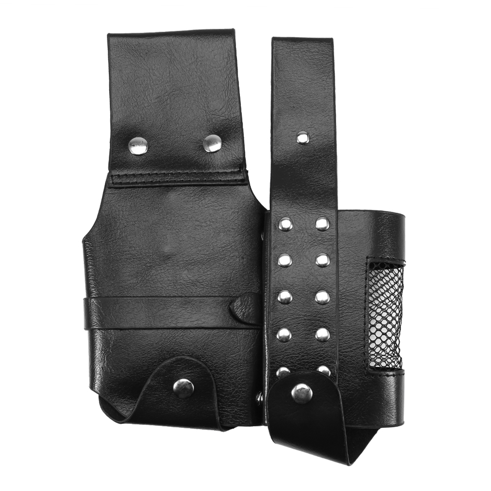 Schwarzer Leder-Friseurwerkzeughalter mit mehreren Taschen und Riemen, isoliert auf weißem Hintergrund.
