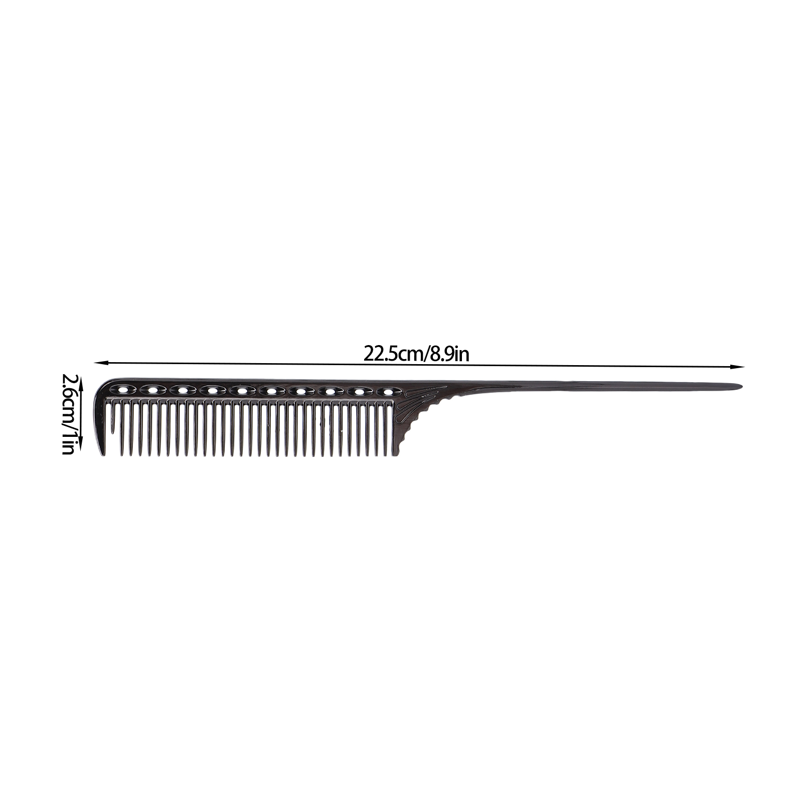 Schwarzer Kamm mit spitzem Ende. Der Kamm hat feine Zähne. Abmessungen: 2,6 cm/1 Zoll x 22,5 cm/8,9 Zoll.
