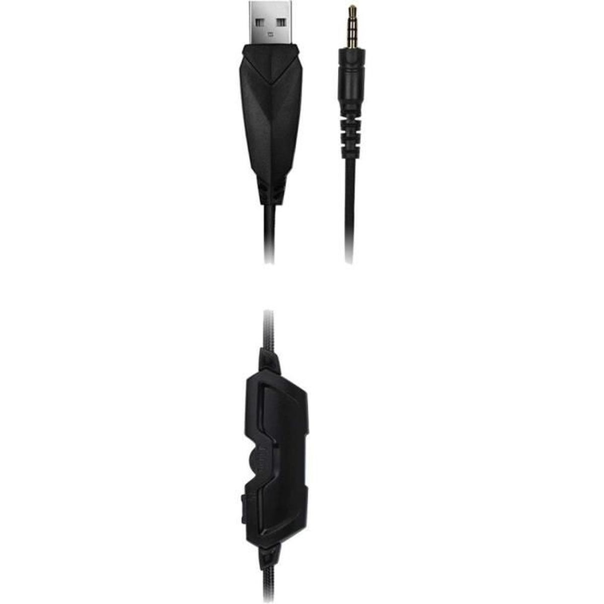 Czarny kabel USB z wtyczką 3,5 mm i modułem sterowania.