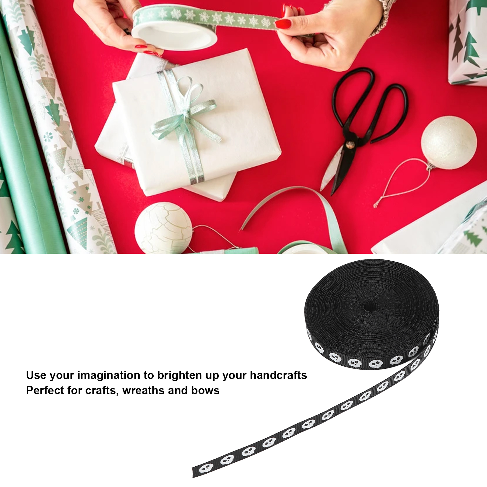 Bastelszene mit Band, Geschenken und Schere; eine Rolle schwarzes Band mit Totenköpfen.