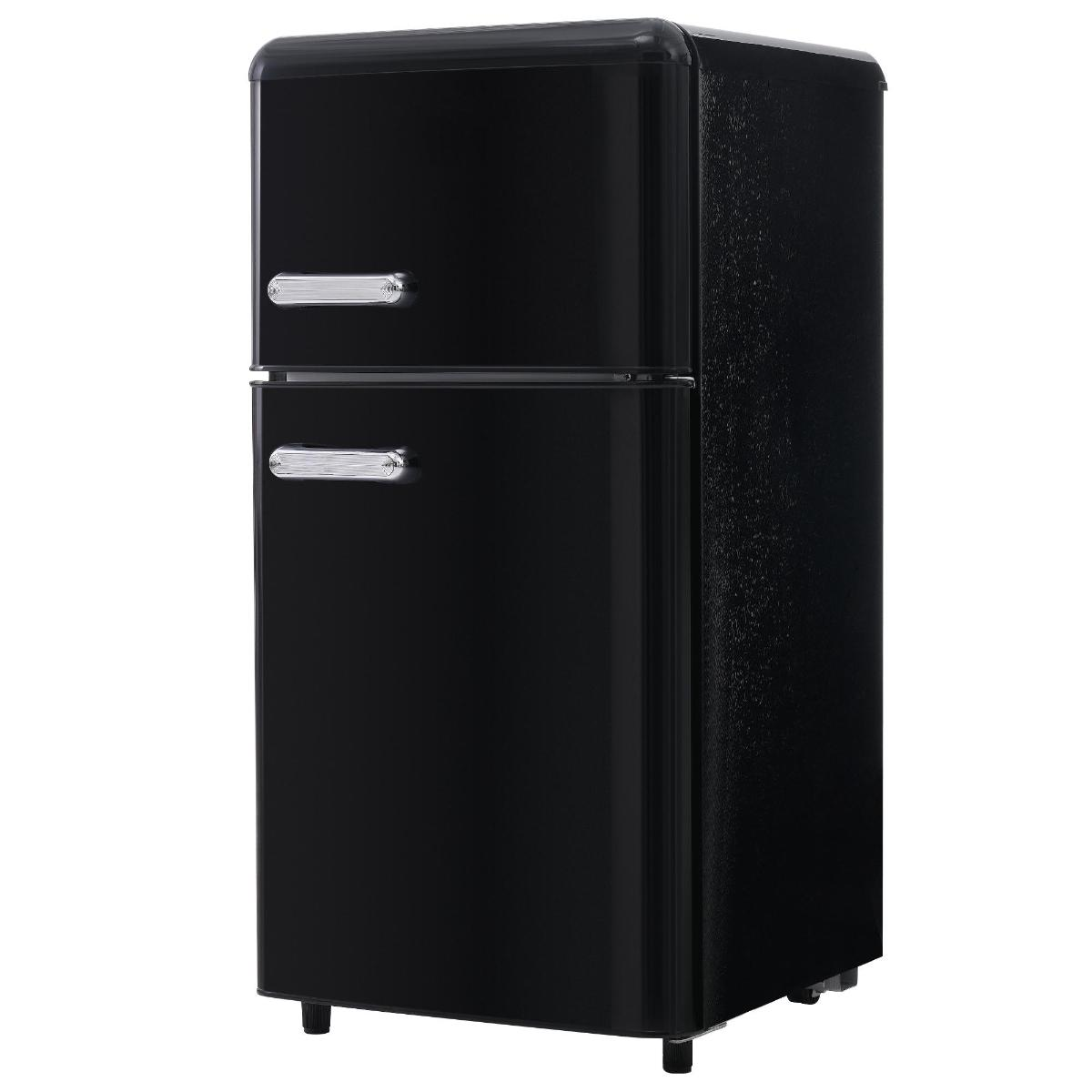 Ein schwarzer Kühlschrank im Retro-Stil mit zwei Türen. Die Türen haben silberne Griffe.