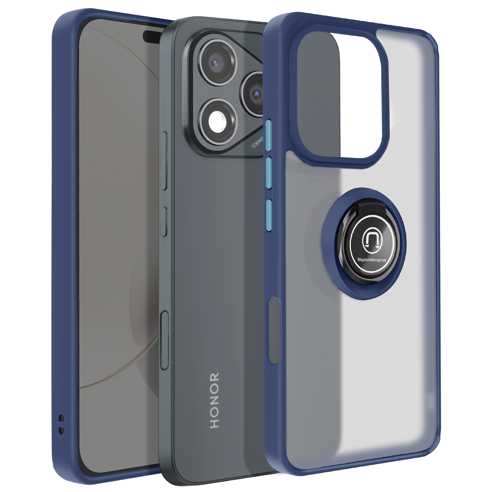 Tre telefoni su una superficie bianca. Due telefoni hanno custodie, una grigio scuro e una blu.