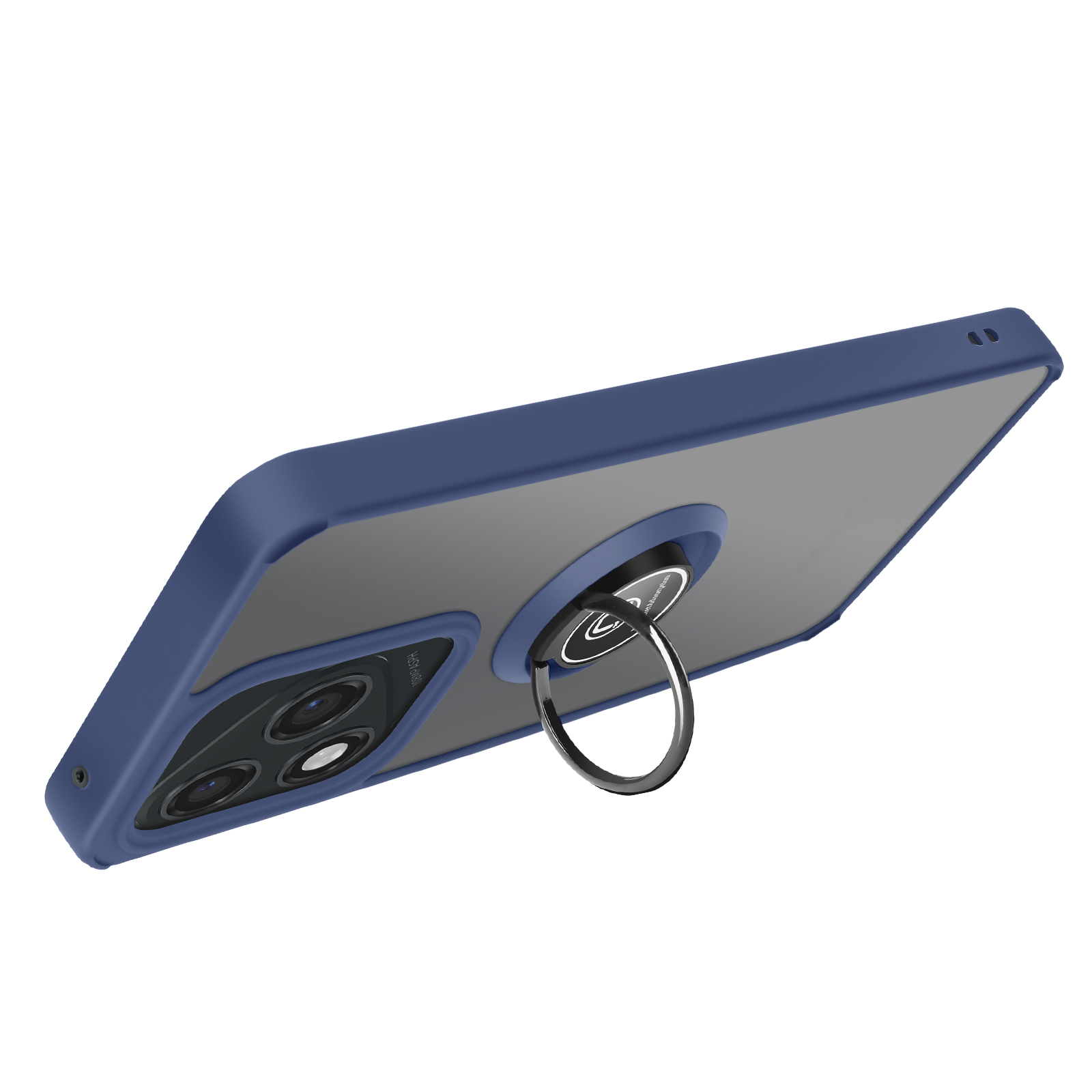 Una custodia blu per telefono con un porta anello è angolata. La custodia ha un retro trasparente. Sfondo bianco.