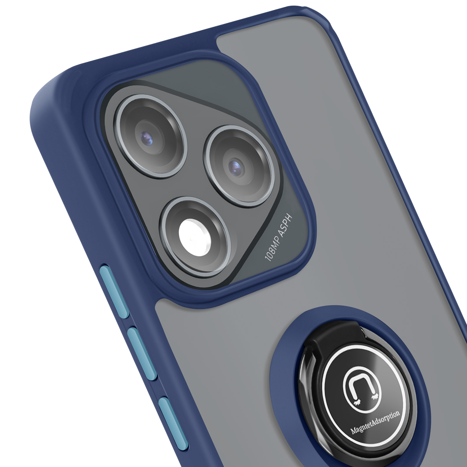 Primo piano di uno smartphone con custodia blu e supporto ad anello. Il telefono ha più lenti della fotocamera.