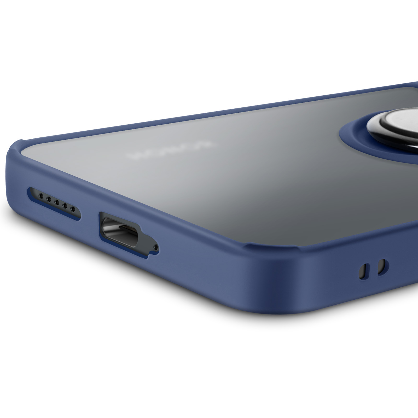 Primo piano di una custodia blu per telefono con supporto ad anello. Mostra il lato del telefono con pulsanti.