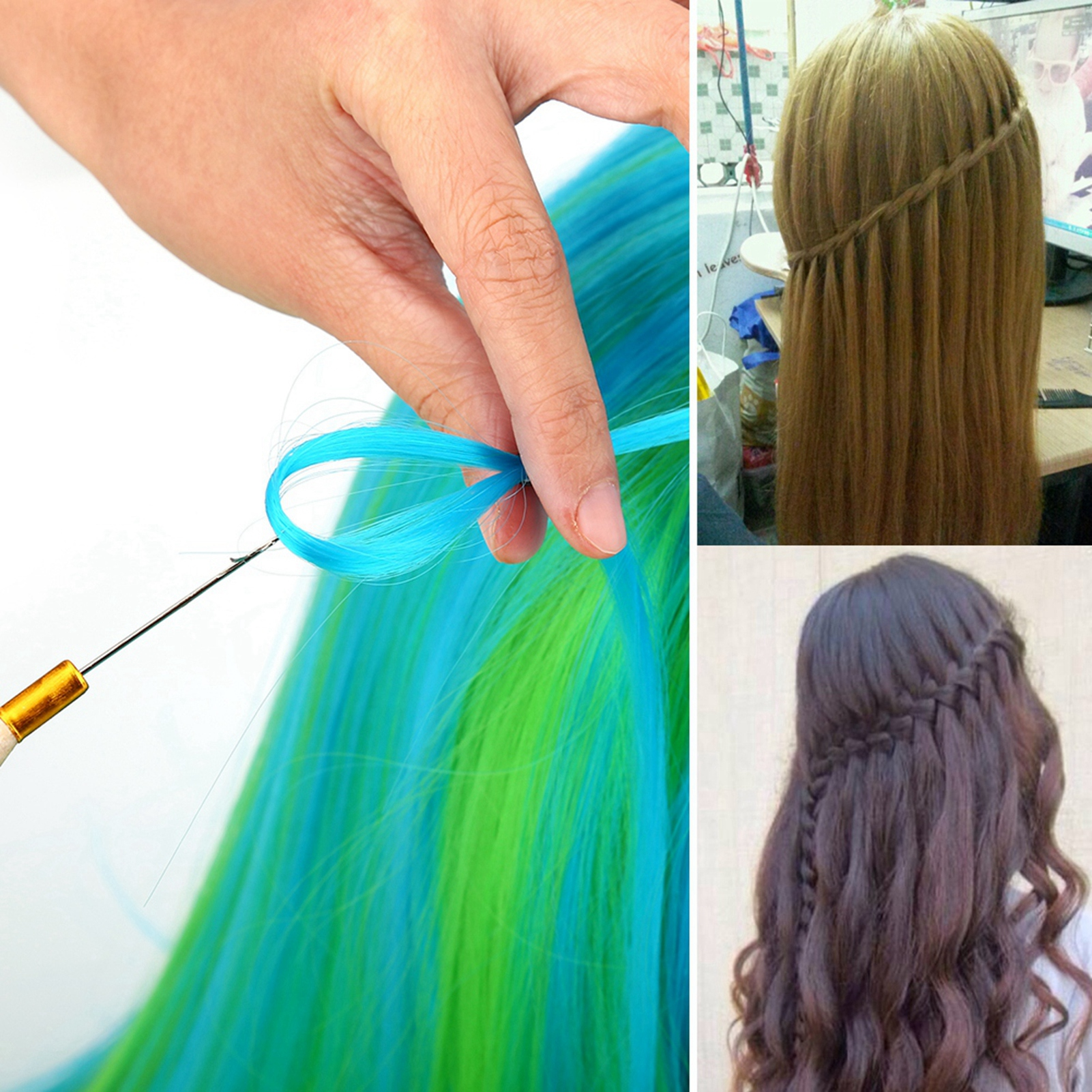 Hand Fädeln von blauen und grünen Haarverlängerungen mit einer Nadel. Geflochtene Frisuren an einer Büste und einer Frau.