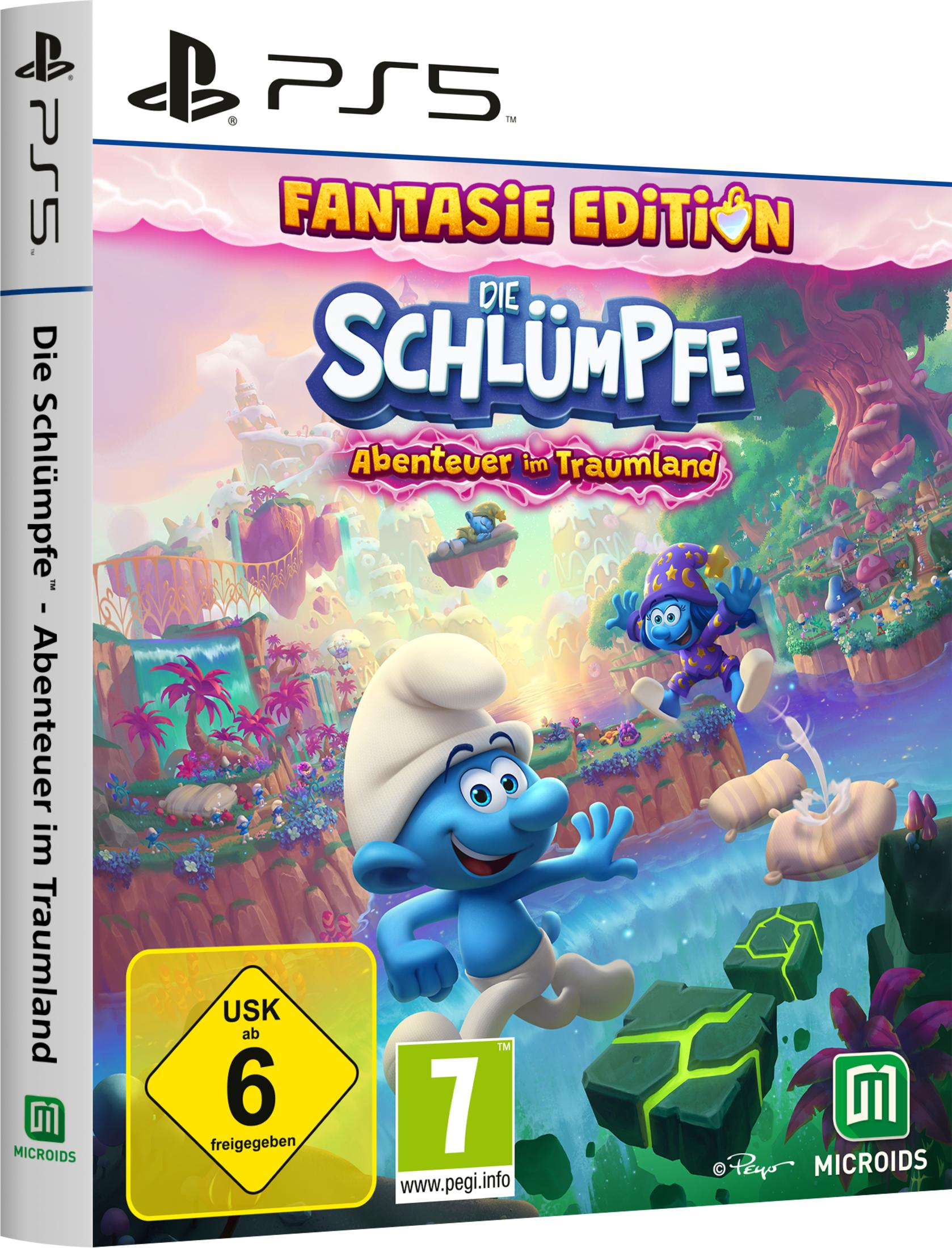Eine PS5-Spielhülle für Die Schlümpfe, ein Schlumpf-Abenteuer. Ein lächelnder Schlumpf blickt nach vorne. Bunter Hintergrund.