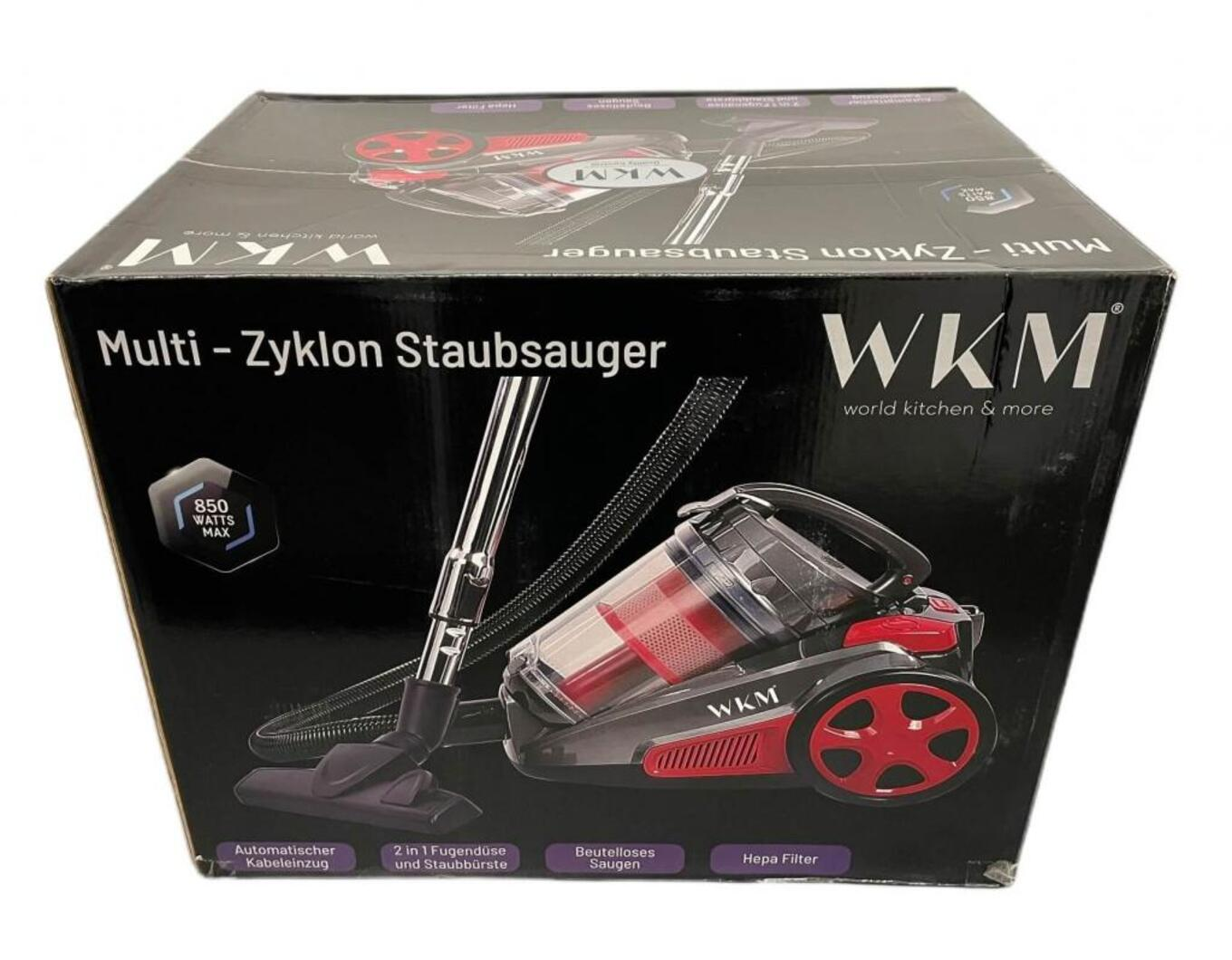 Staubsaugerkarton mit Text. Die Box zeigt ein Bild eines Staubsaugers mit roten Akzenten und Text.