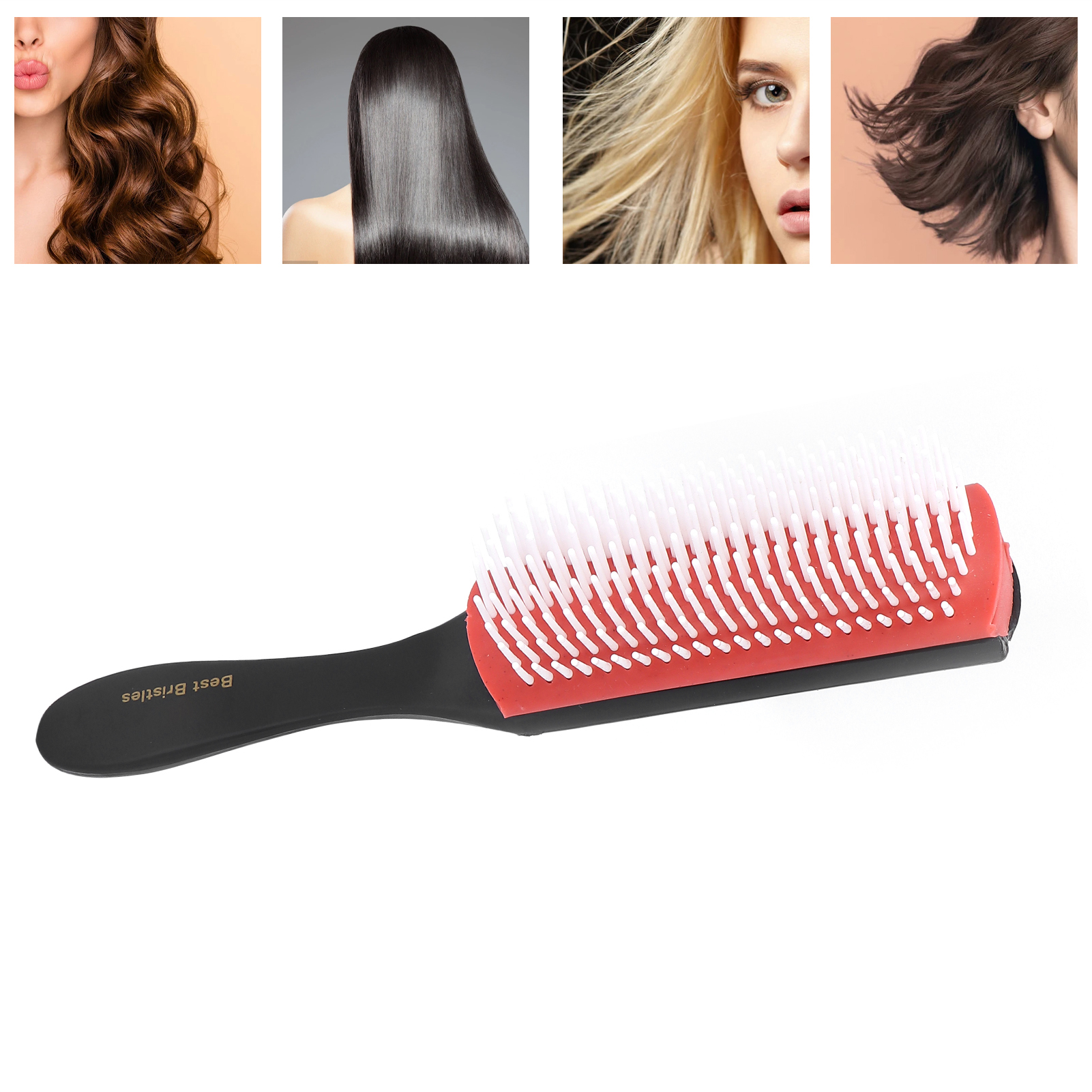 Eine Haarbürste mit weißen Borsten und roter Basis. Mehrere Bilder von Frisuren im Hintergrund.