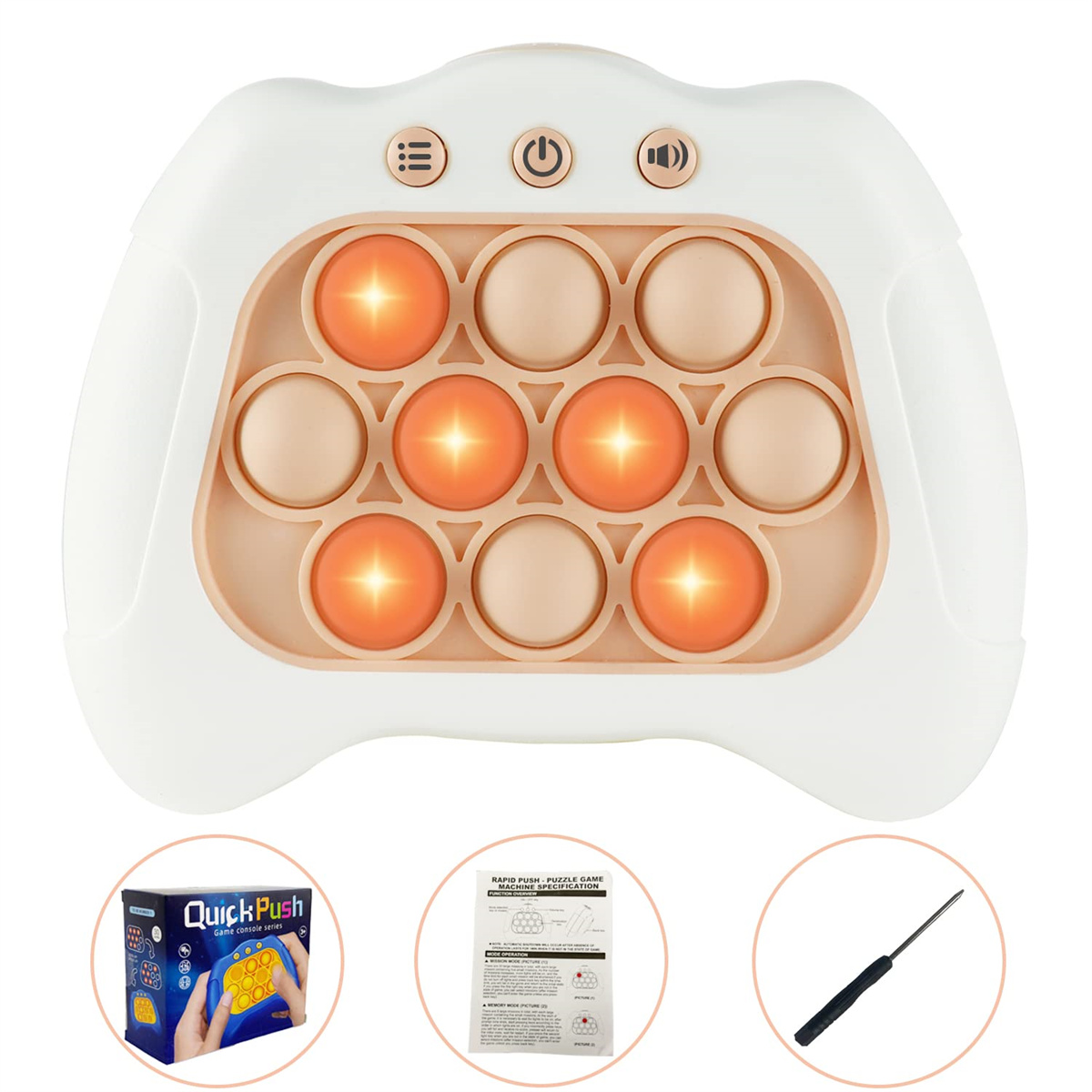 Ein weißes Gerät mit Push-Blasen, eine Spielbox und ein Werkzeug. Das Gerät hat drei Knöpfe oben.