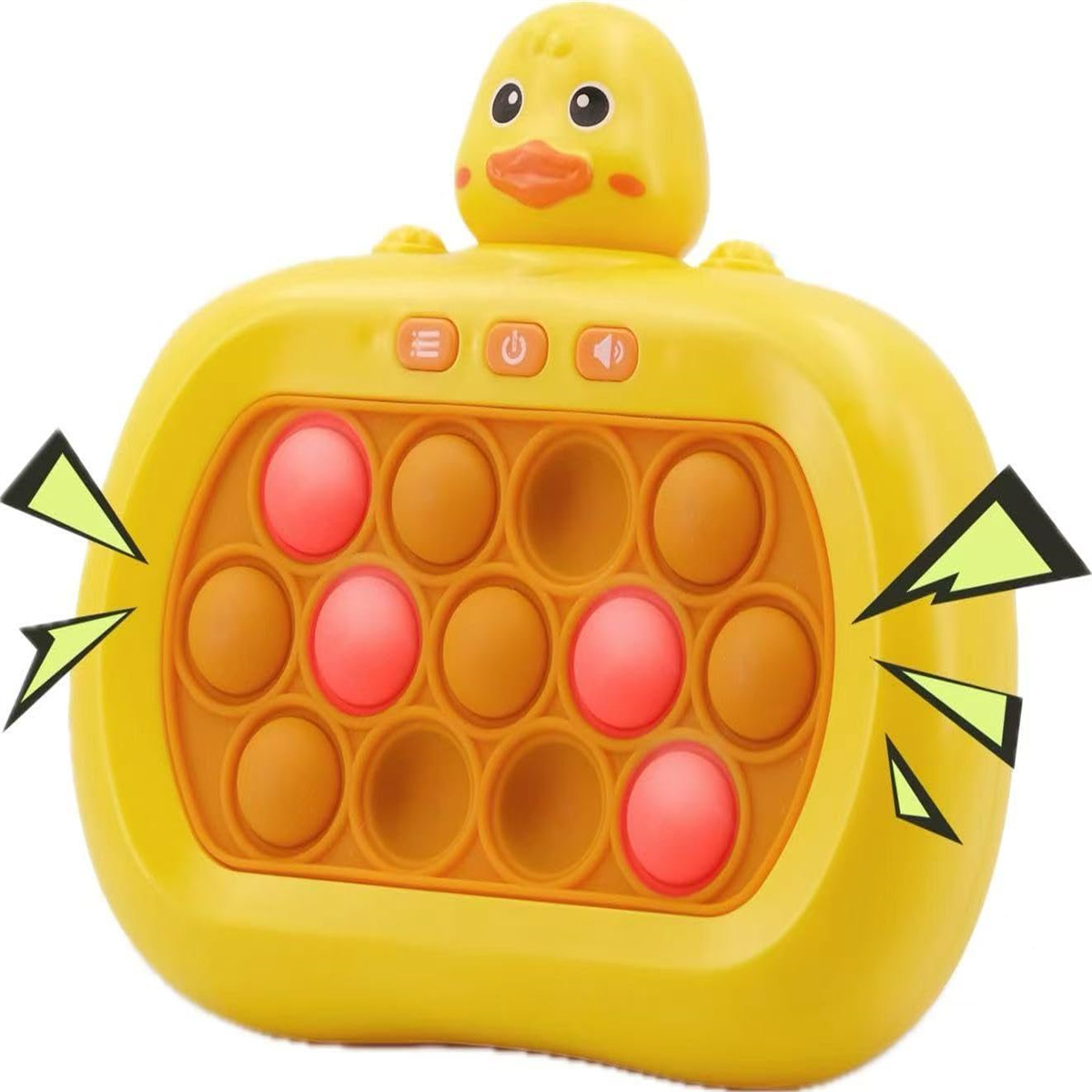 Gelbes Entenspielzeug mit Knöpfen und Blasen. Einige Blasen sind rosa. Es hat einen Entenkopf oben.