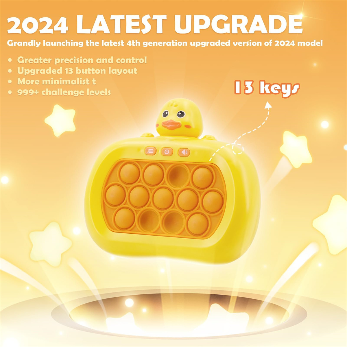 Gelbes Entenspielzeug mit Knöpfen und Blasen. Der Text oben lautet '2024 LATEST UPGRADE' und '13 keys'.