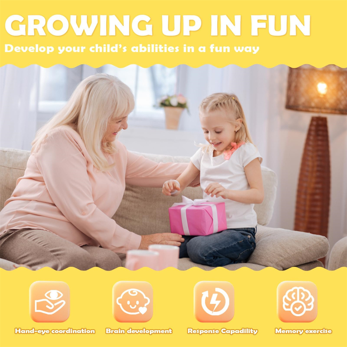 Das Bild zeigt eine Großmutter und ein Kind, die ein Geschenk öffnen. Der Text lautet 'GROWING UP IN FUN' mit Aktivitätssymbolen.