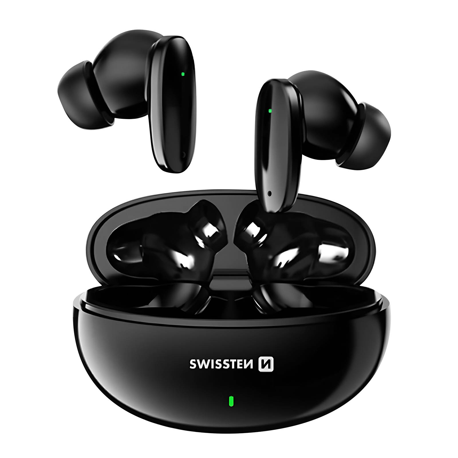 Auricolari wireless neri con custodia di ricarica. La custodia ha il marchio.