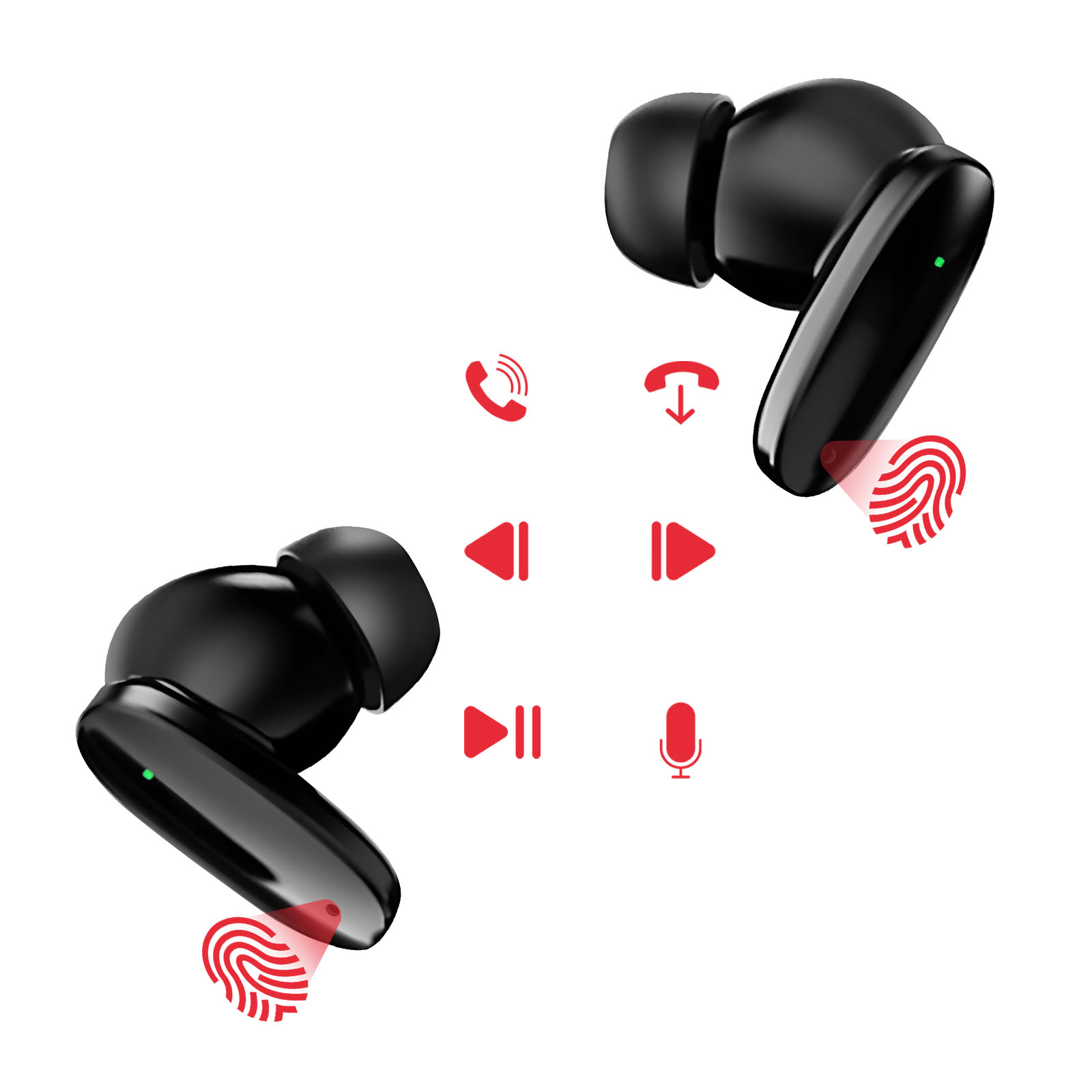 Auricolari neri con icone rosse che indicano i controlli touch.