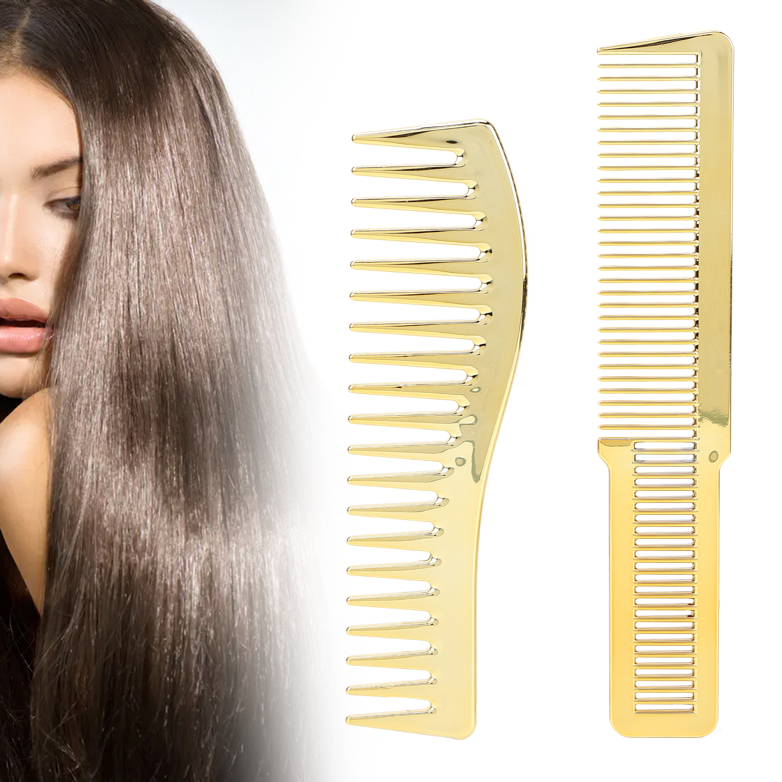 Haar einer Frau neben zwei goldenen Kämmen. Ein Kamm hat breite Zähne, der andere ein Standarddesign.