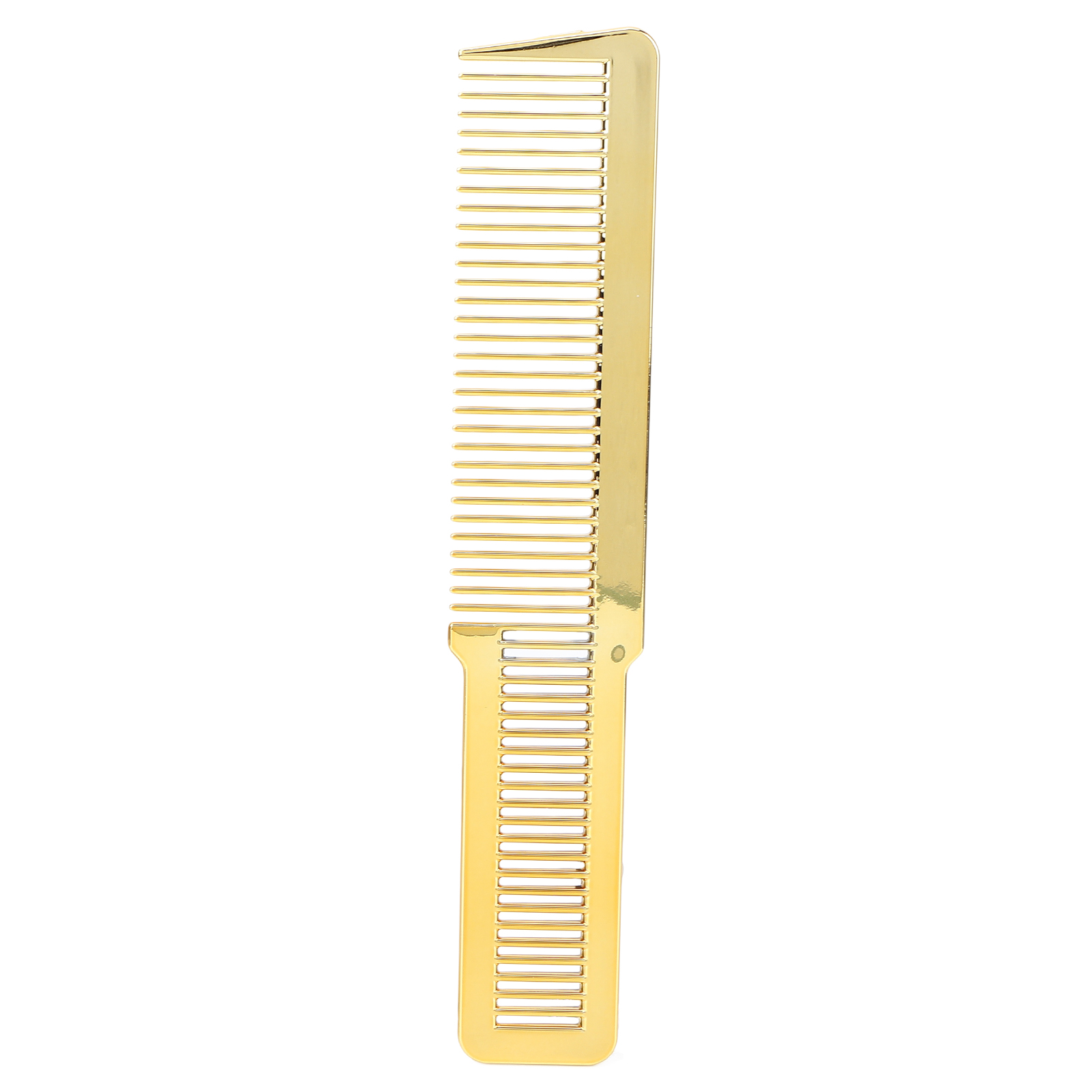 Ein einzelner goldener Kamm, gerades Design, auf weißem Hintergrund. Der Kamm hat feine Zähne und einen Griff.