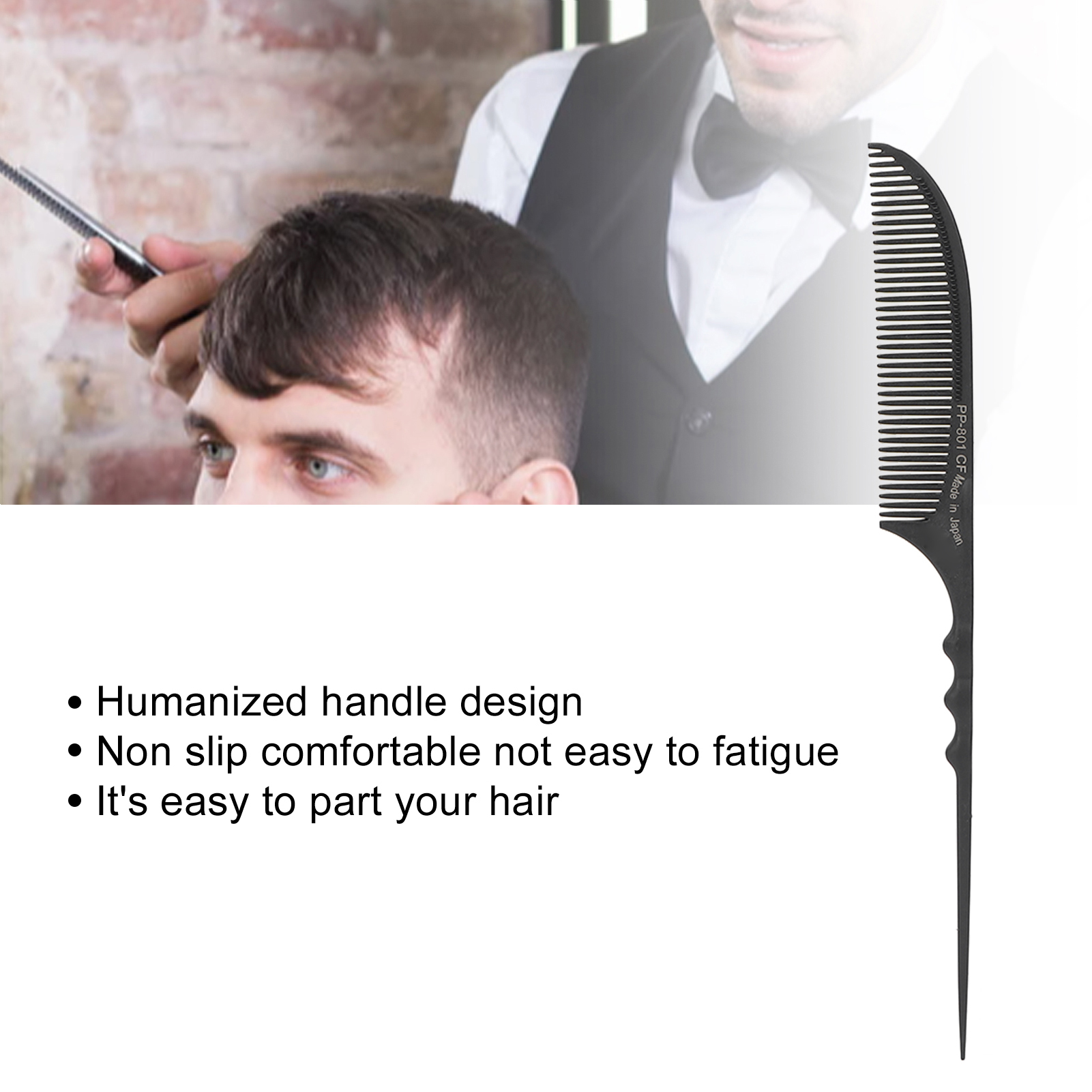 Ein schwarzer Kamm, bei dem einem Mann die Haare geschnitten werden. Text hebt Griffdesign und Benutzerfreundlichkeit hervor.