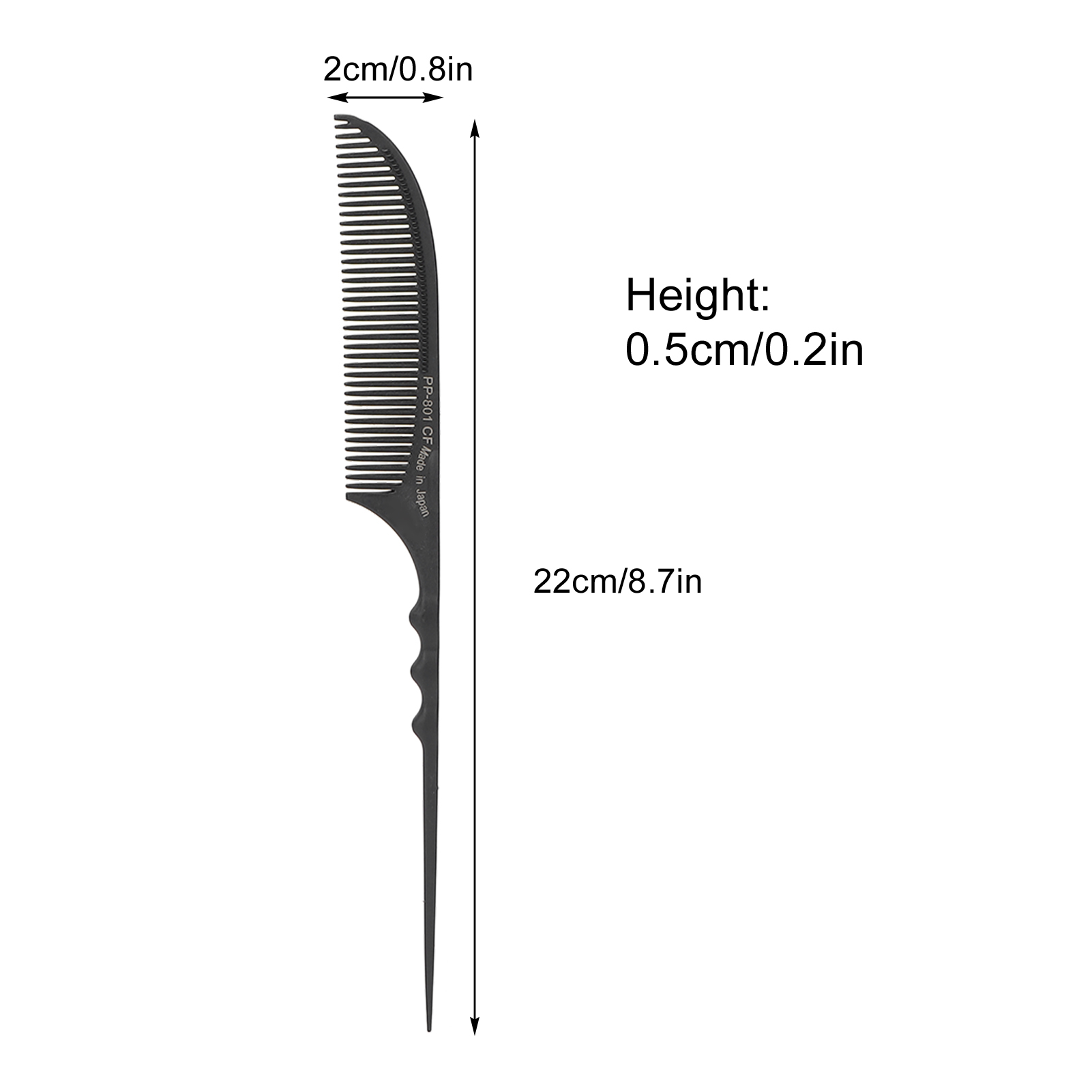 Ein schwarzer Kamm auf Weiß. Abmessungen: 22 cm/8,7 Zoll Höhe 0,5 cm/0,2 Zoll und Breite 2 cm/0,8 Zoll.