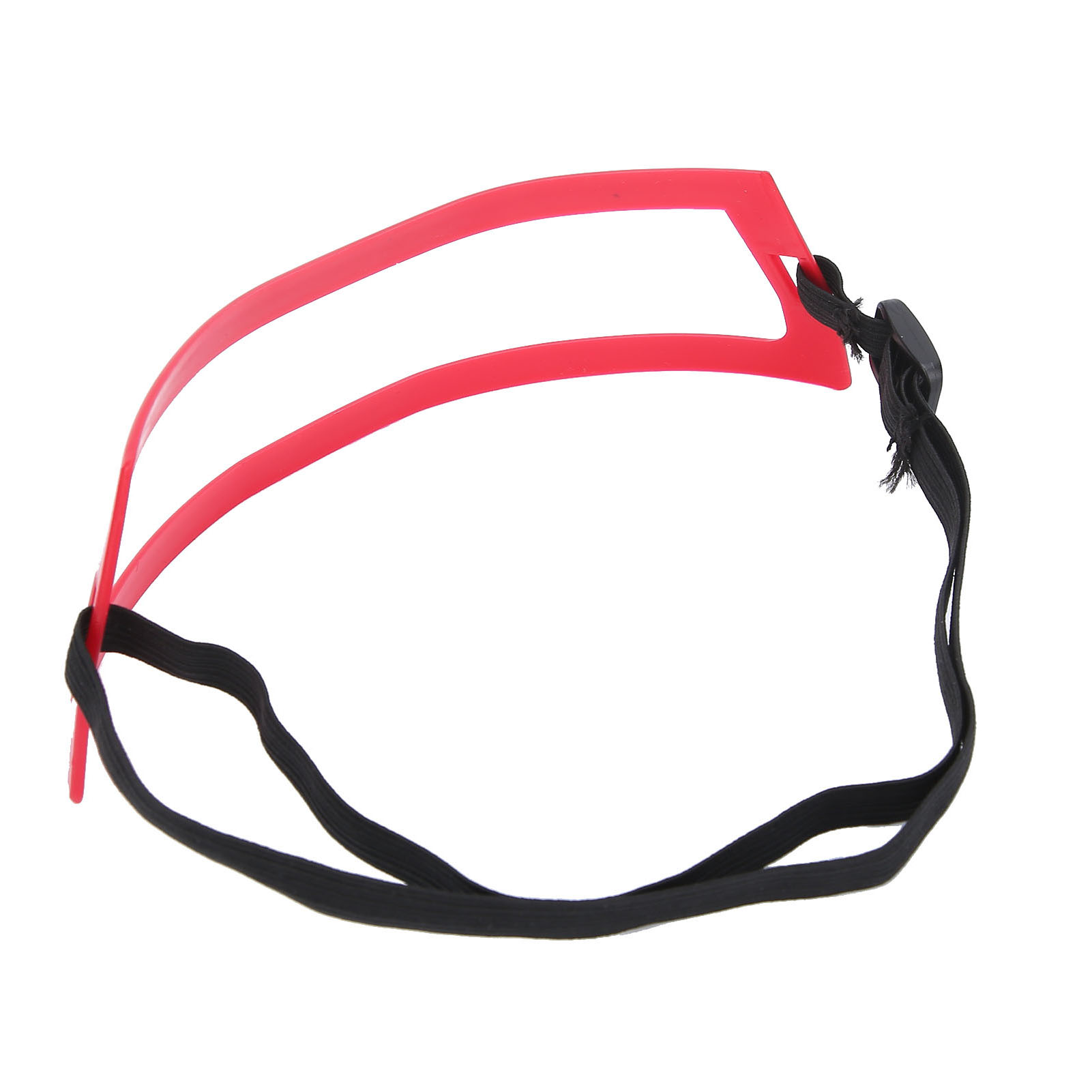 Eine rote Augenbrauenschablone aus Kunststoff mit einem schwarzen Gummiband.