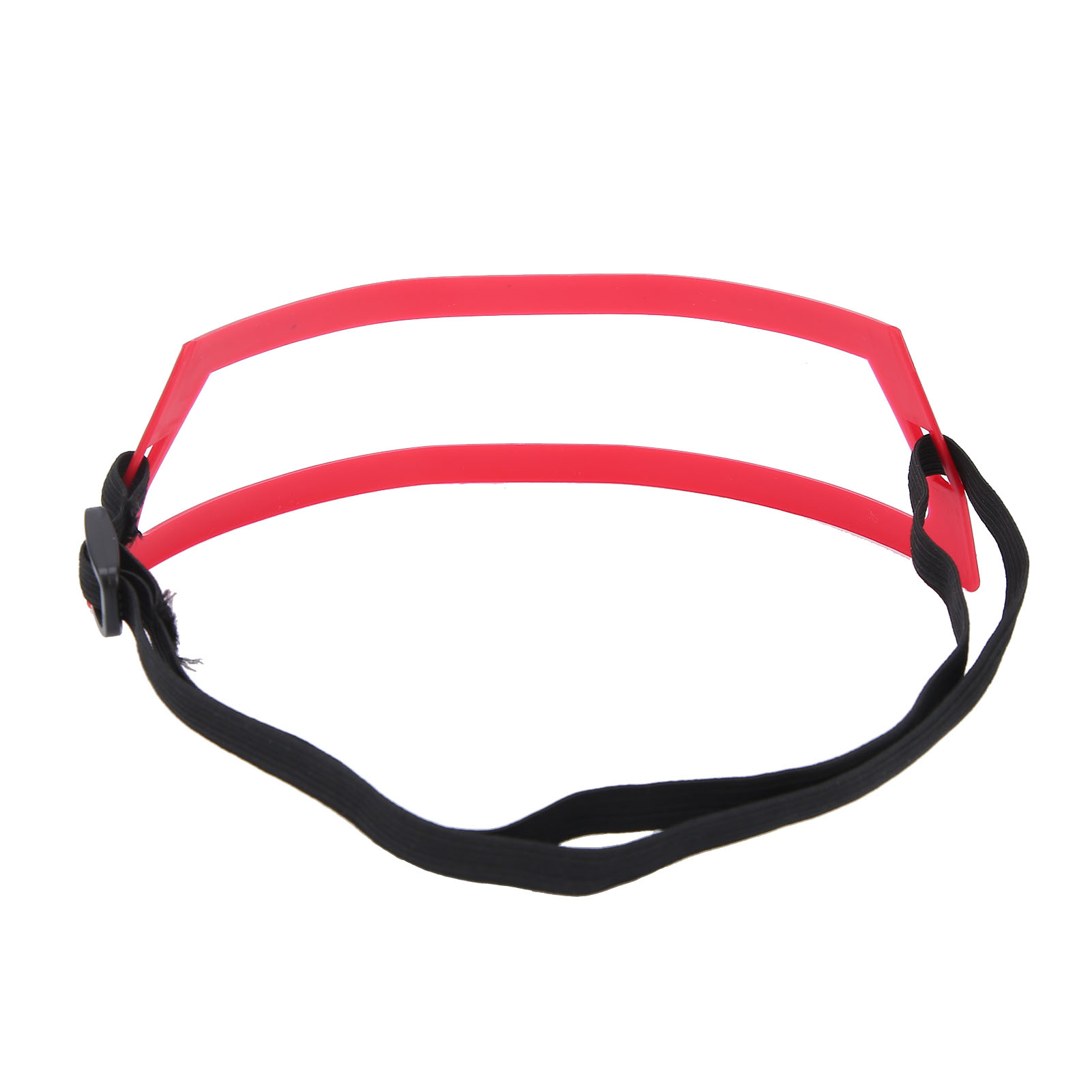 Eine rote Augenbrauenschablone mit schwarzem Gummiband und Clip.