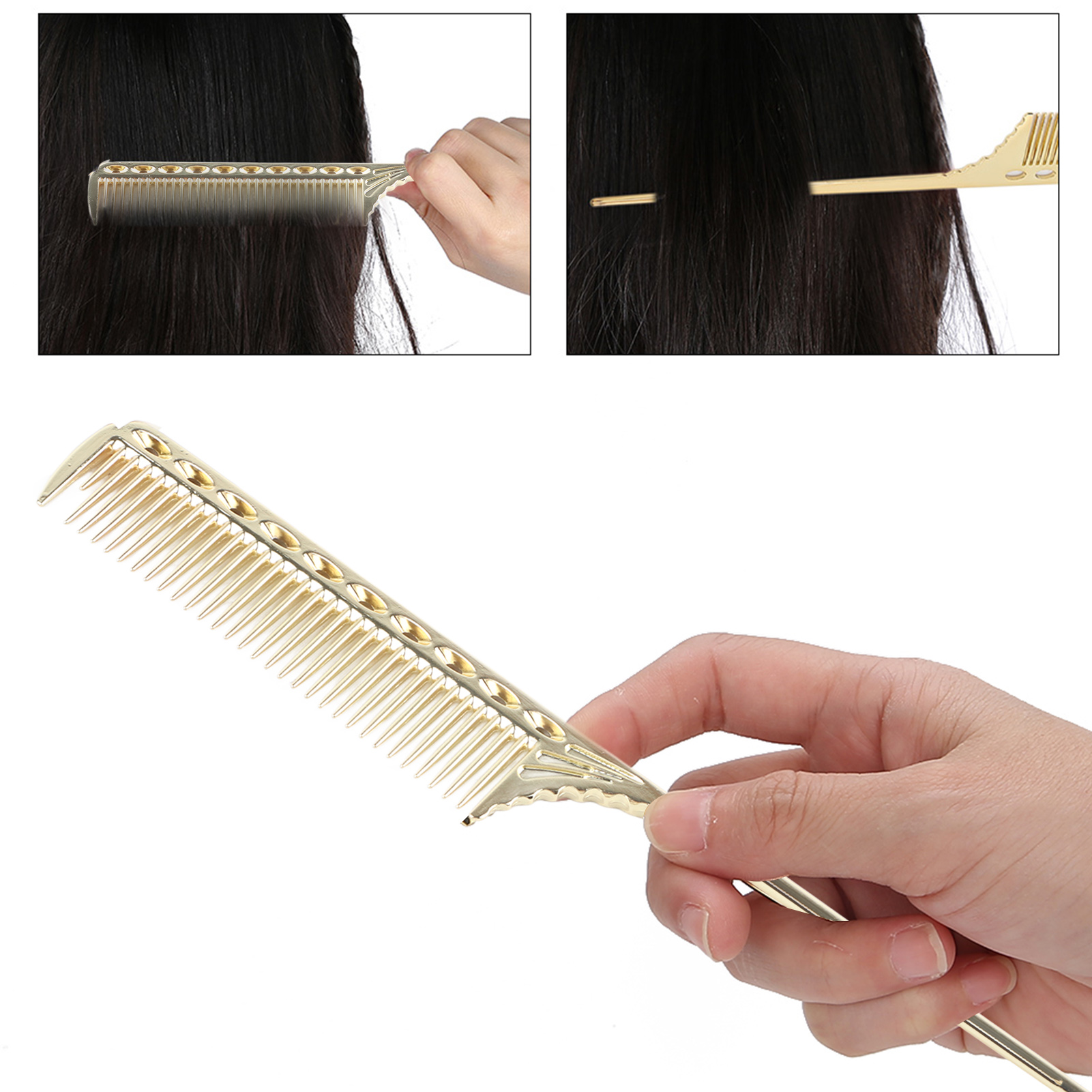 Ein goldener Kamm wird zum Kämmen der Haare verwendet. Das Bild zeigt den Kamm und die Hände in Aktion.