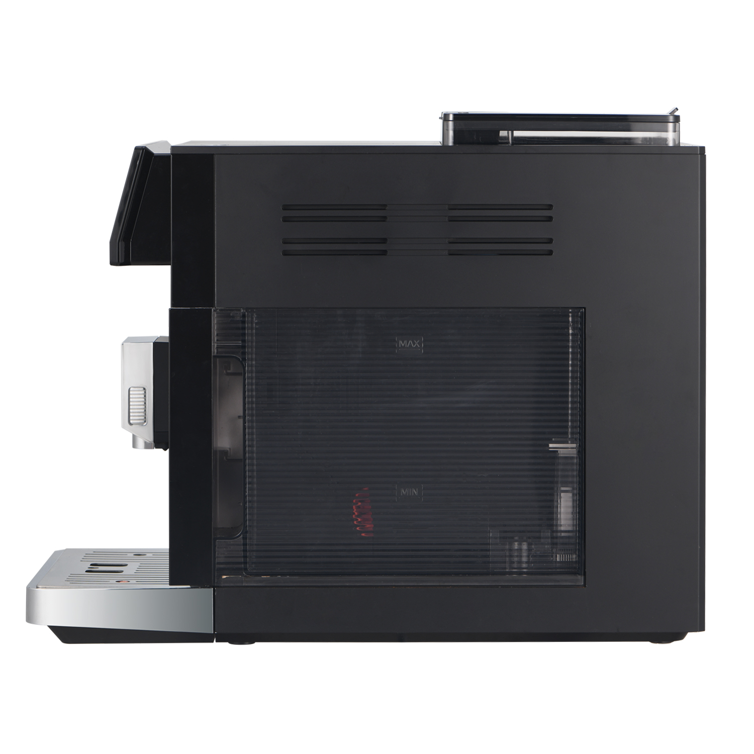 Eine schwarze Kaffeemaschine. Sie hat einen Wassertank mit Min/Max-Anzeigen und eine silberne Tropfschale.