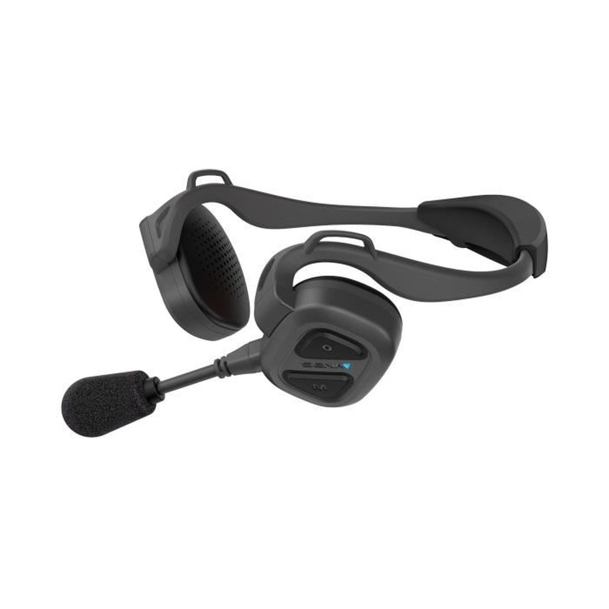 Cuffie nere con microfono, su una superficie bianca. Le cuffie hanno un design.