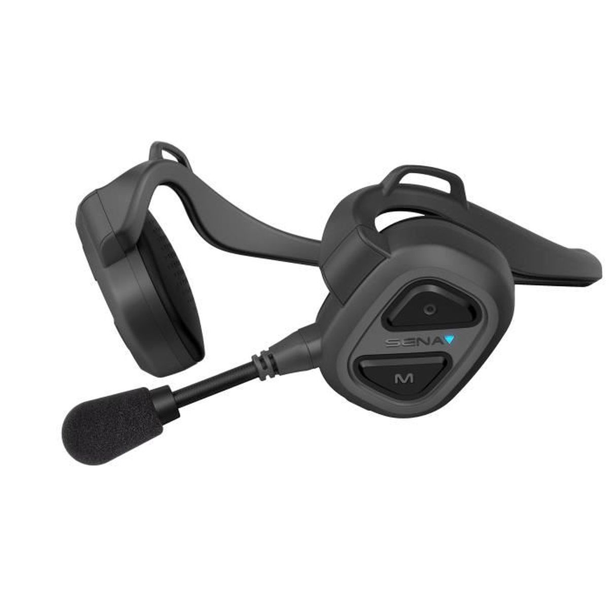 Un auricolare Bluetooth SENA nero con microfono, progettato per adattarsi attorno all'orecchio.