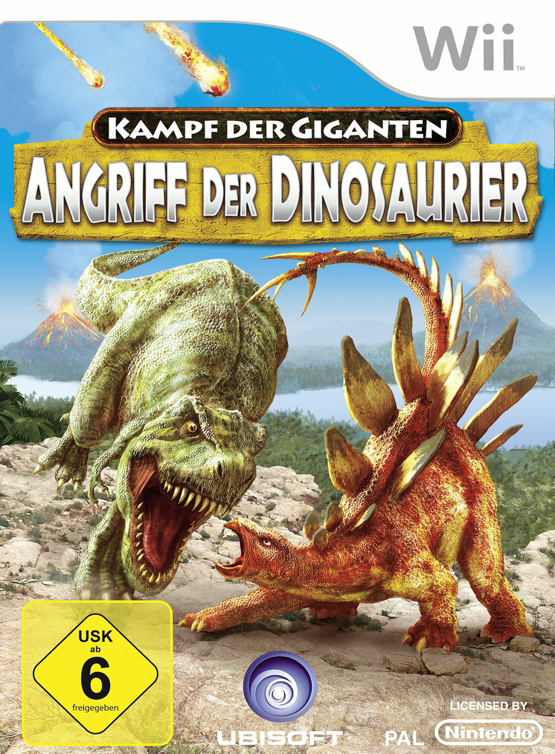 Eine Wii-Spielbox mit Dinosauriern im Kampf. Der Titel ist "Kampf der Giganten - Angriff der Dinosaurier".