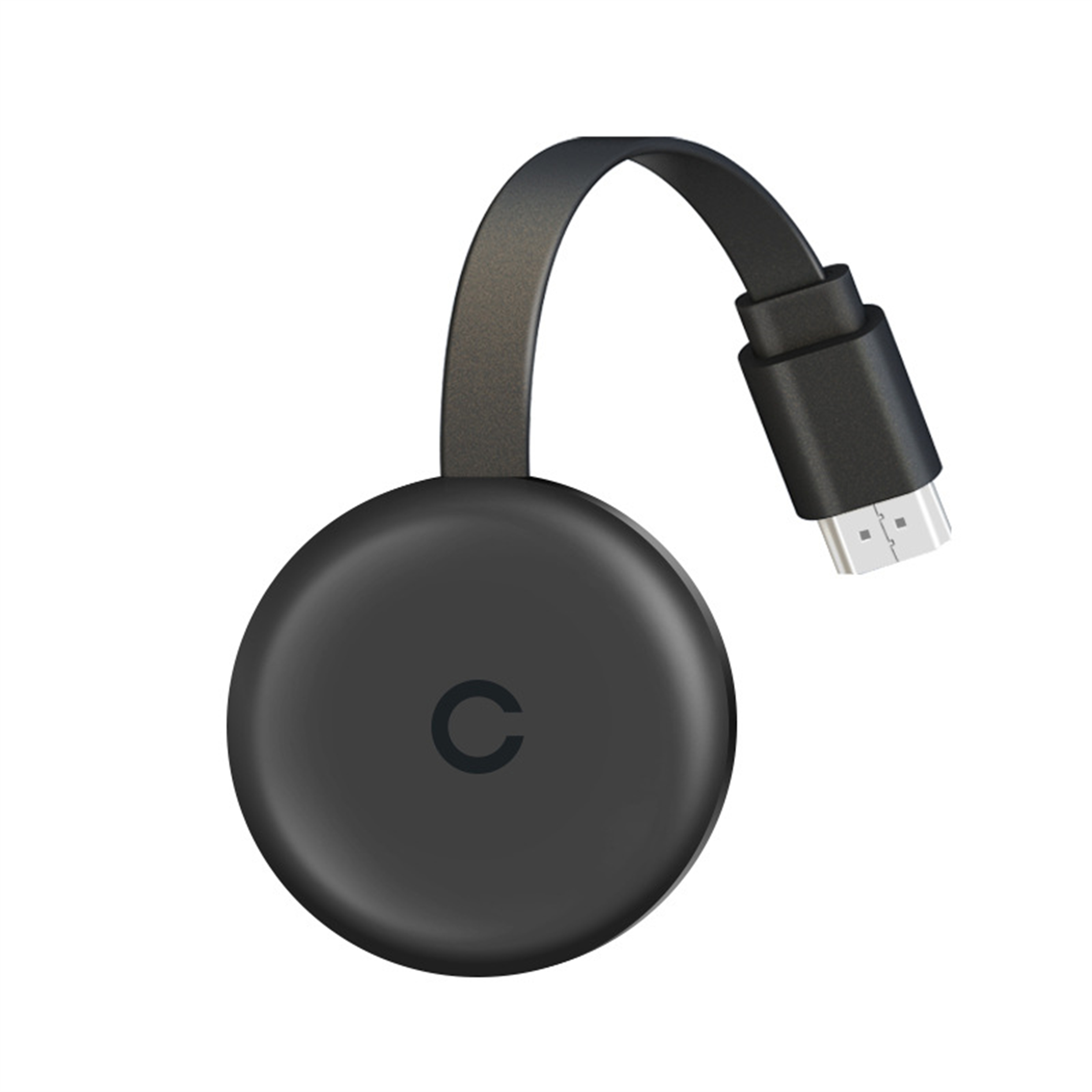 Ein schwarzes, rundes Chromecast-Gerät mit schwarzem Kabel und Stecker, auf weißem Hintergrund.