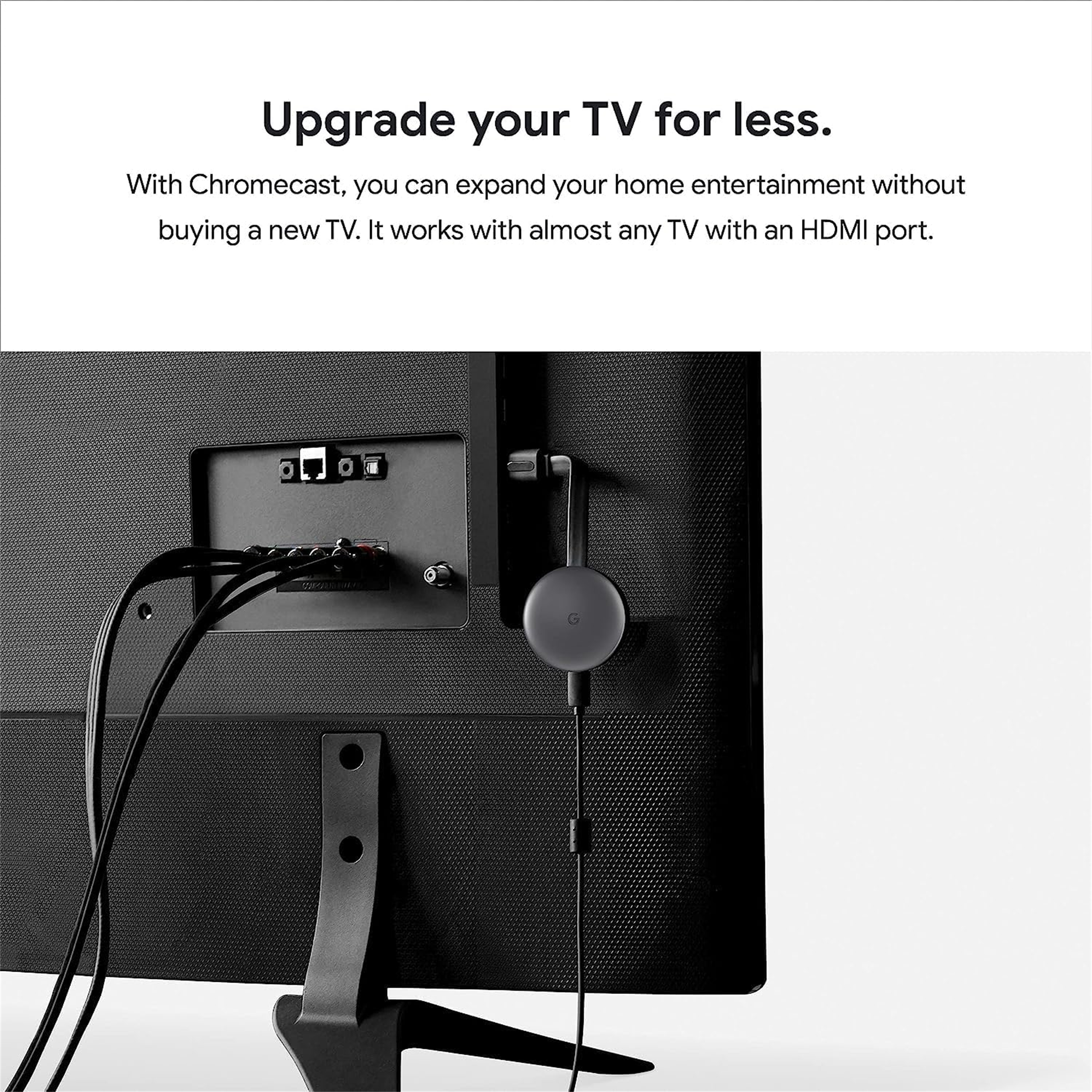 Rückseite eines Fernsehers mit angeschlossenem Chromecast-Gerät. Kabel sind sichtbar. Der Text lautet: Rüsten Sie Ihr Fernsehgerät auf.