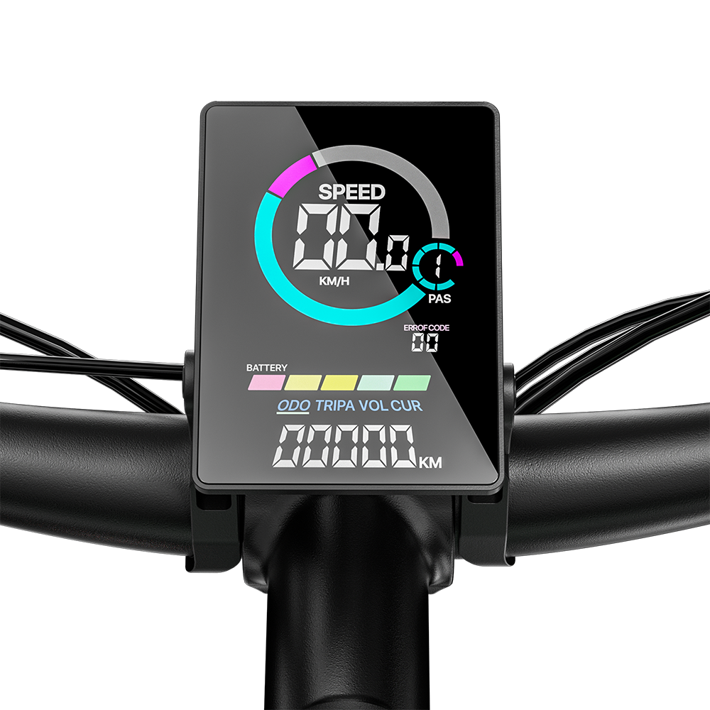 Display digitale di una bici elettrica. Visualizza velocità, livello batteria e codici di errore. Sfondo nero.