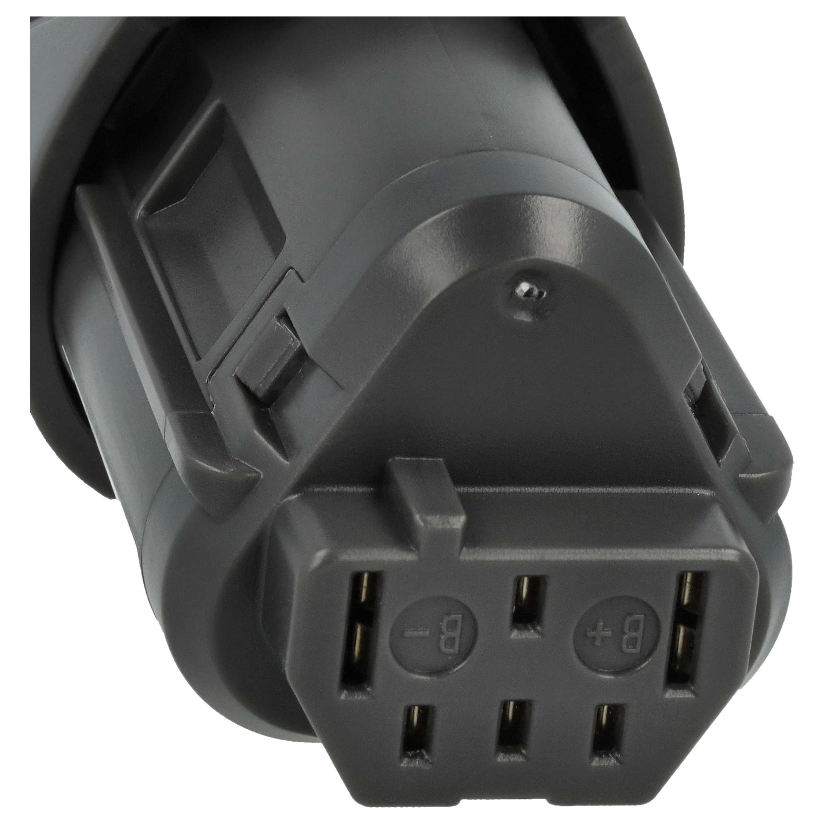 Dunkelgrauer elektrischer Stecker mit den Anschlüssen B- und B+. Die Oberseite ist abgewinkelt.