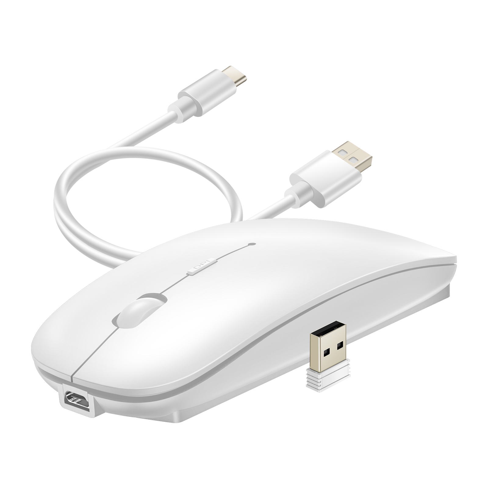 Un mouse wireless bianco con un cavo USB e un ricevitore USB. Il mouse ha una rotella di scorrimento e pulsanti.