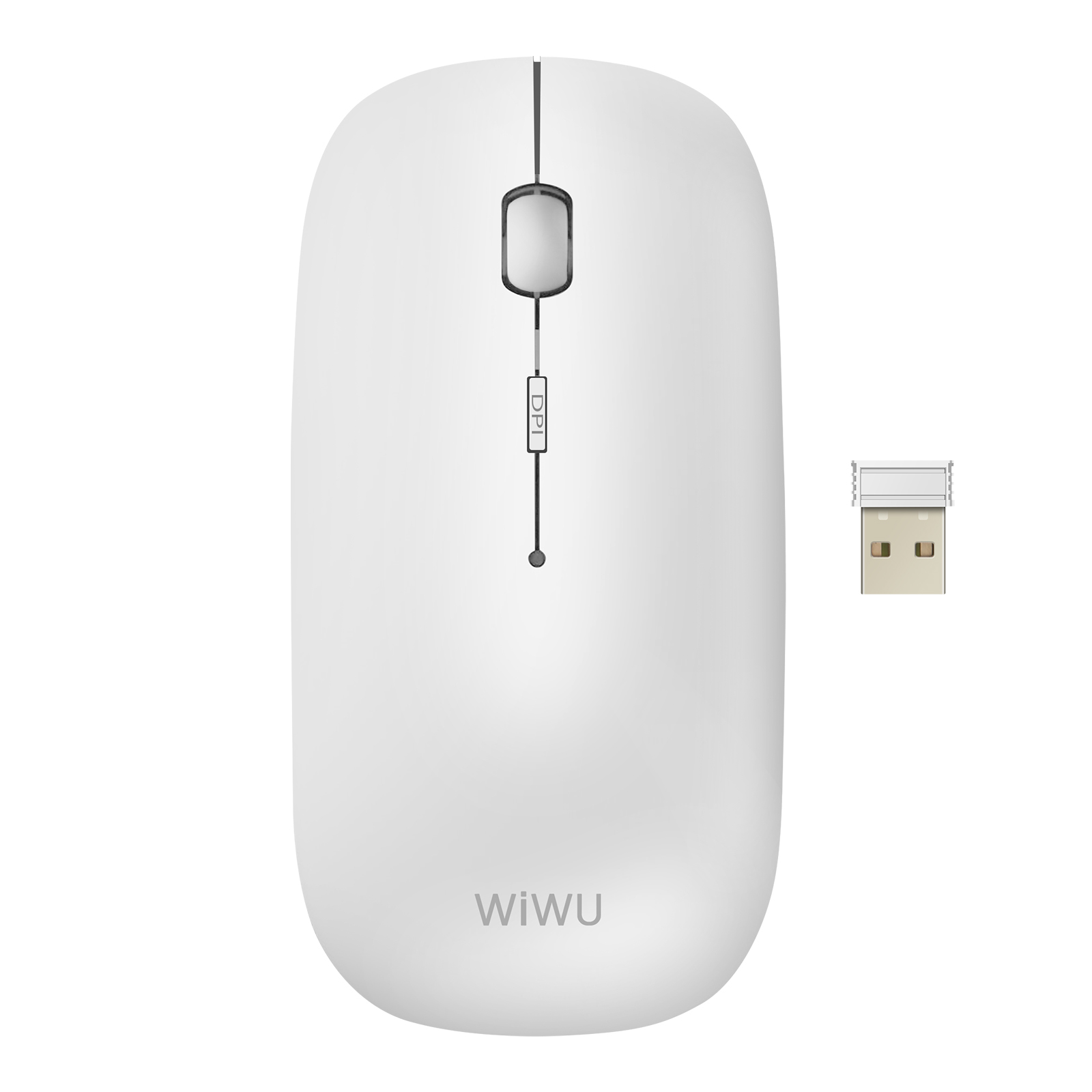 Un mouse wireless bianco con un ricevitore USB è mostrato su sfondo bianco.