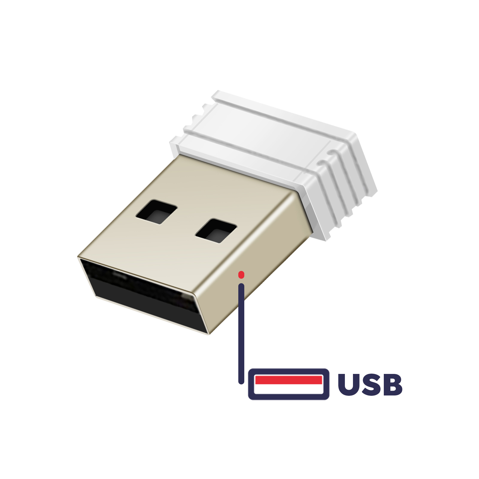 Un ricevitore USB con la parola 'USB' scritta su un'etichetta. Il ricevitore è di colore bianco e oro.